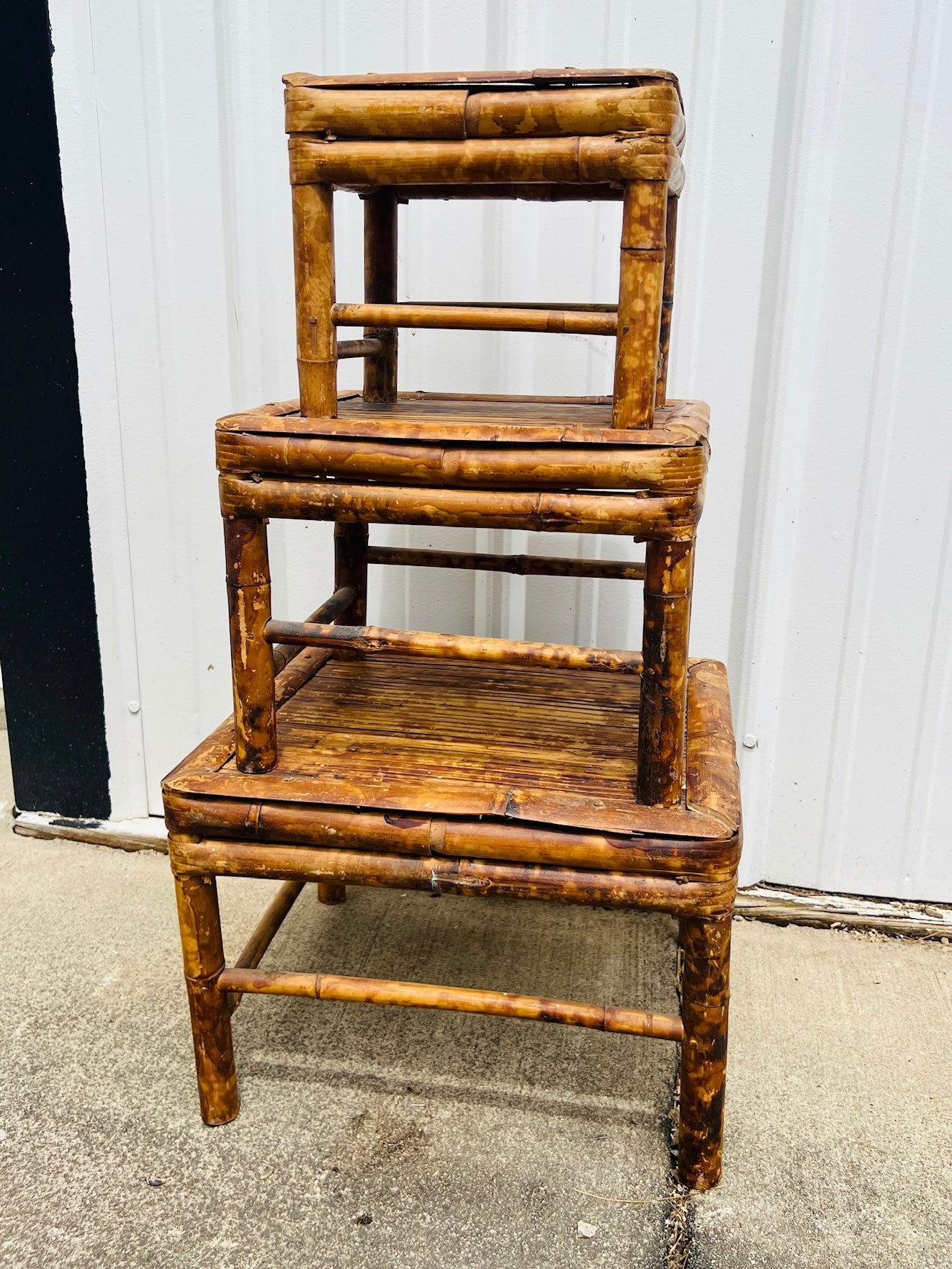 Vintage 1950s Tortoise Bamboo Planter Stools | Set of 3