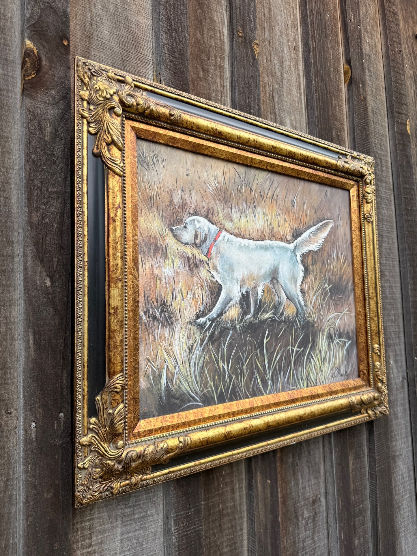 Vintage 1980s Framed & Signed “Dog in the Field” Oil On Canvas Painting