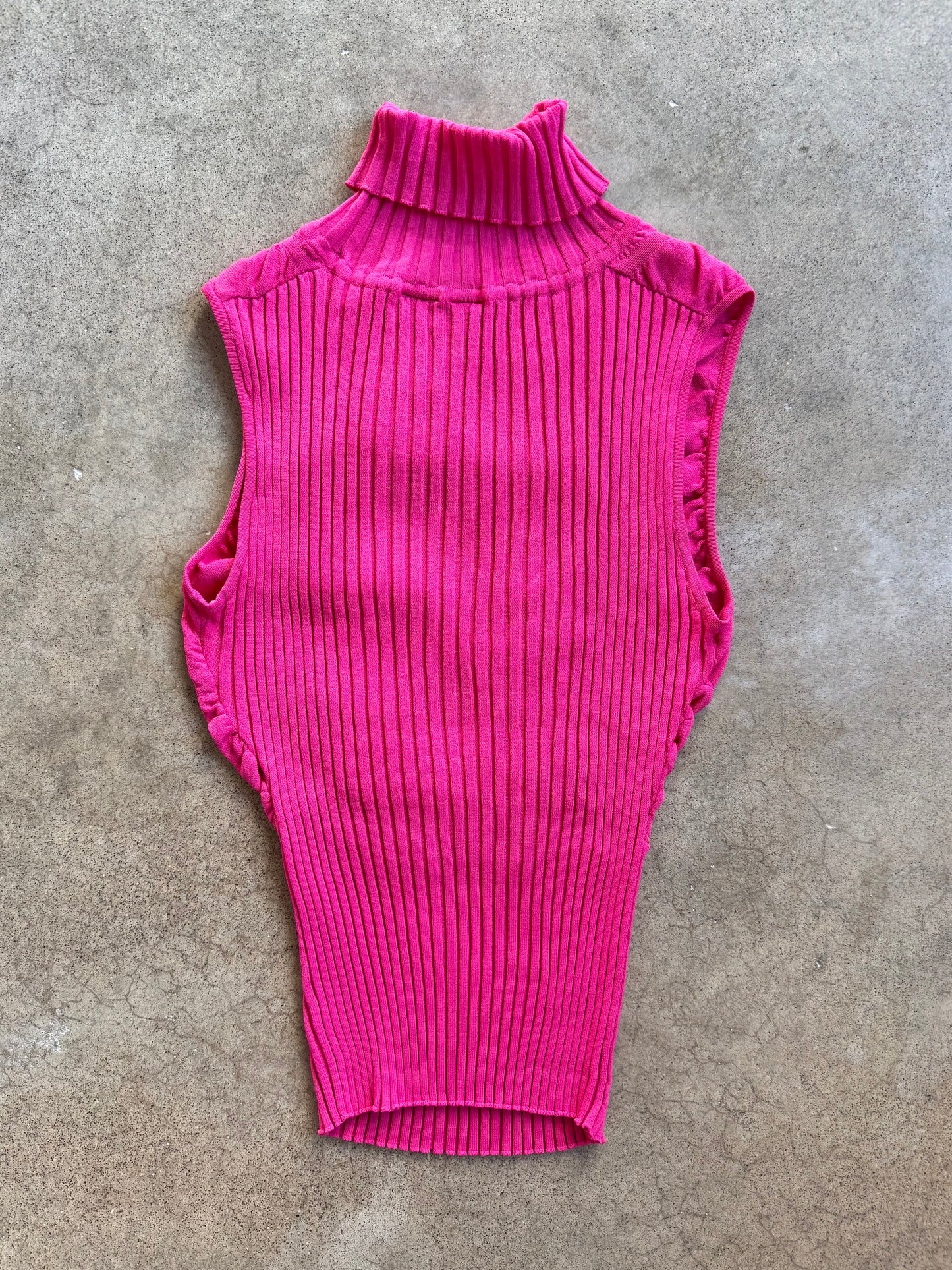 2000s Hot Pink Sleeveless Ribbed Turtleneck Top | Medium