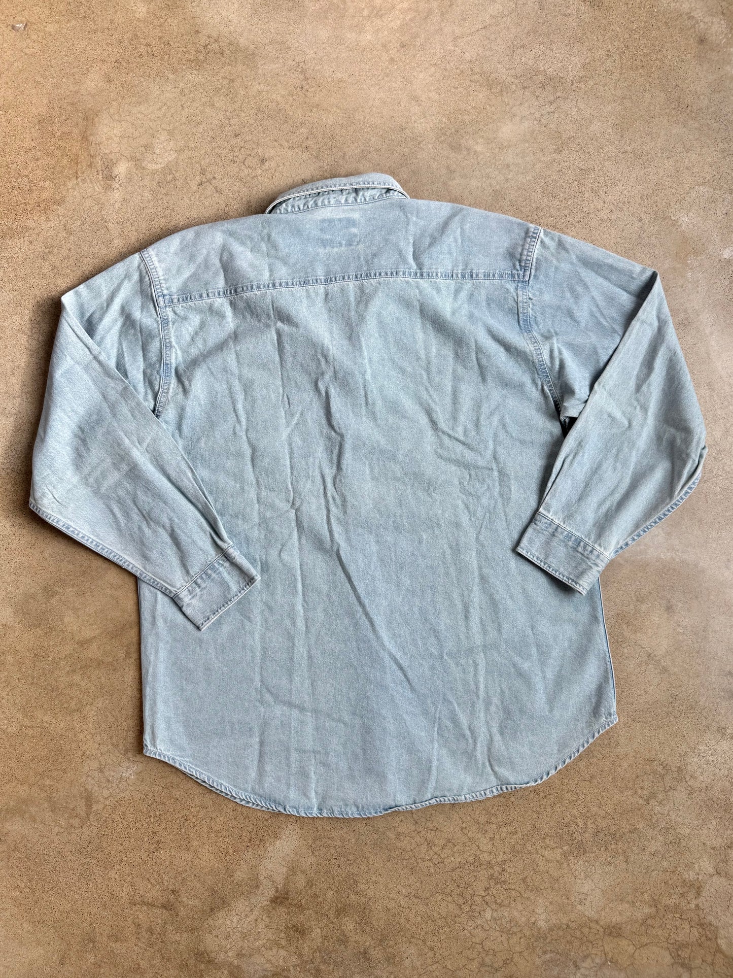 Vintage 1990s Lee Light Wash Denim Shirt w/ Firebird Patch | Large