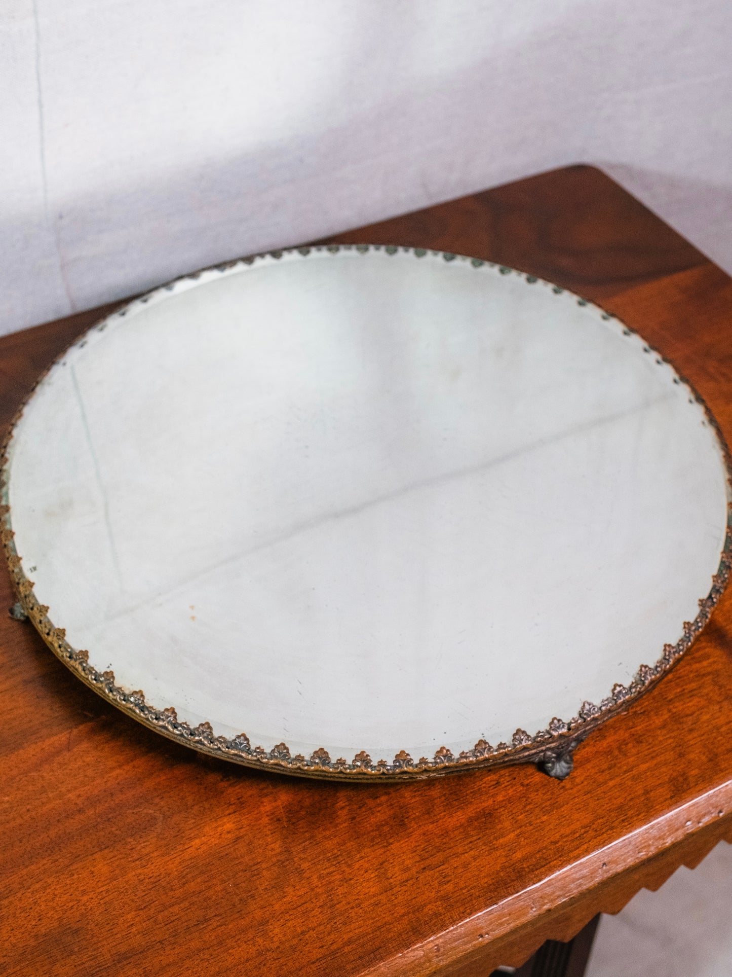 Antique Round Metal Trim Mirrored Vanity Tray