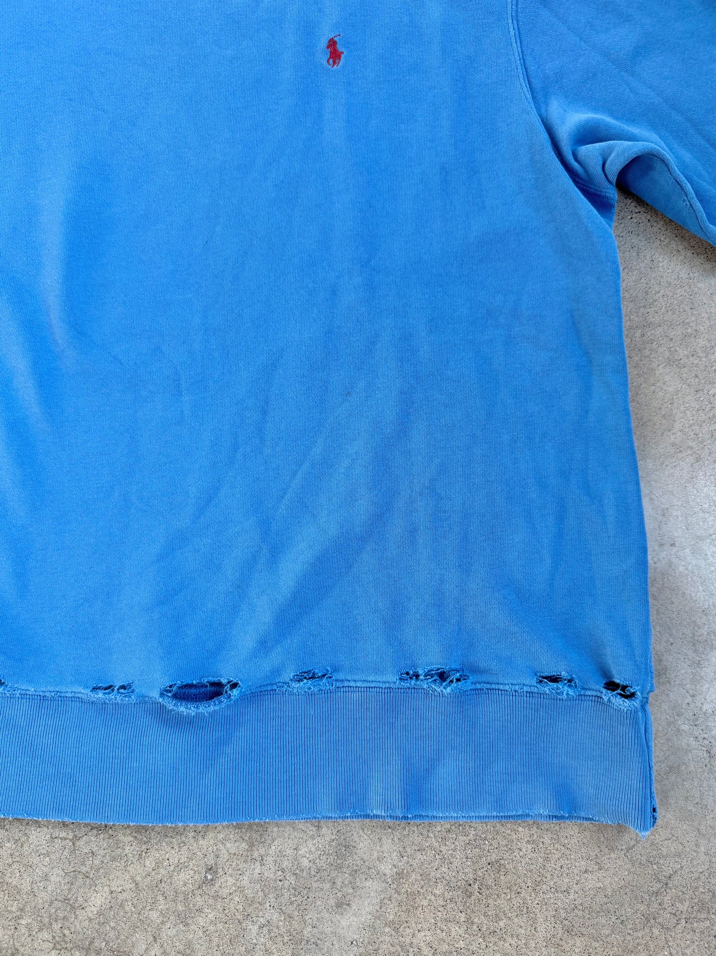Vintage 1990s Polo Ralph Lauren Blue Distressed Crewneck Sweatshirt | Large