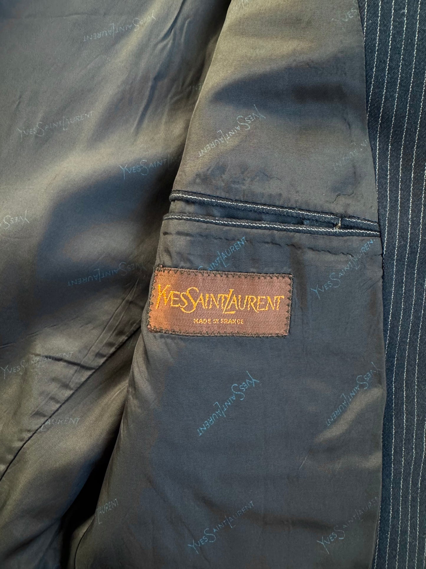 Vintage 1970s Yves Saint Laurent Wool Navy Blue Pinstripe 3-Piece Suit | 42