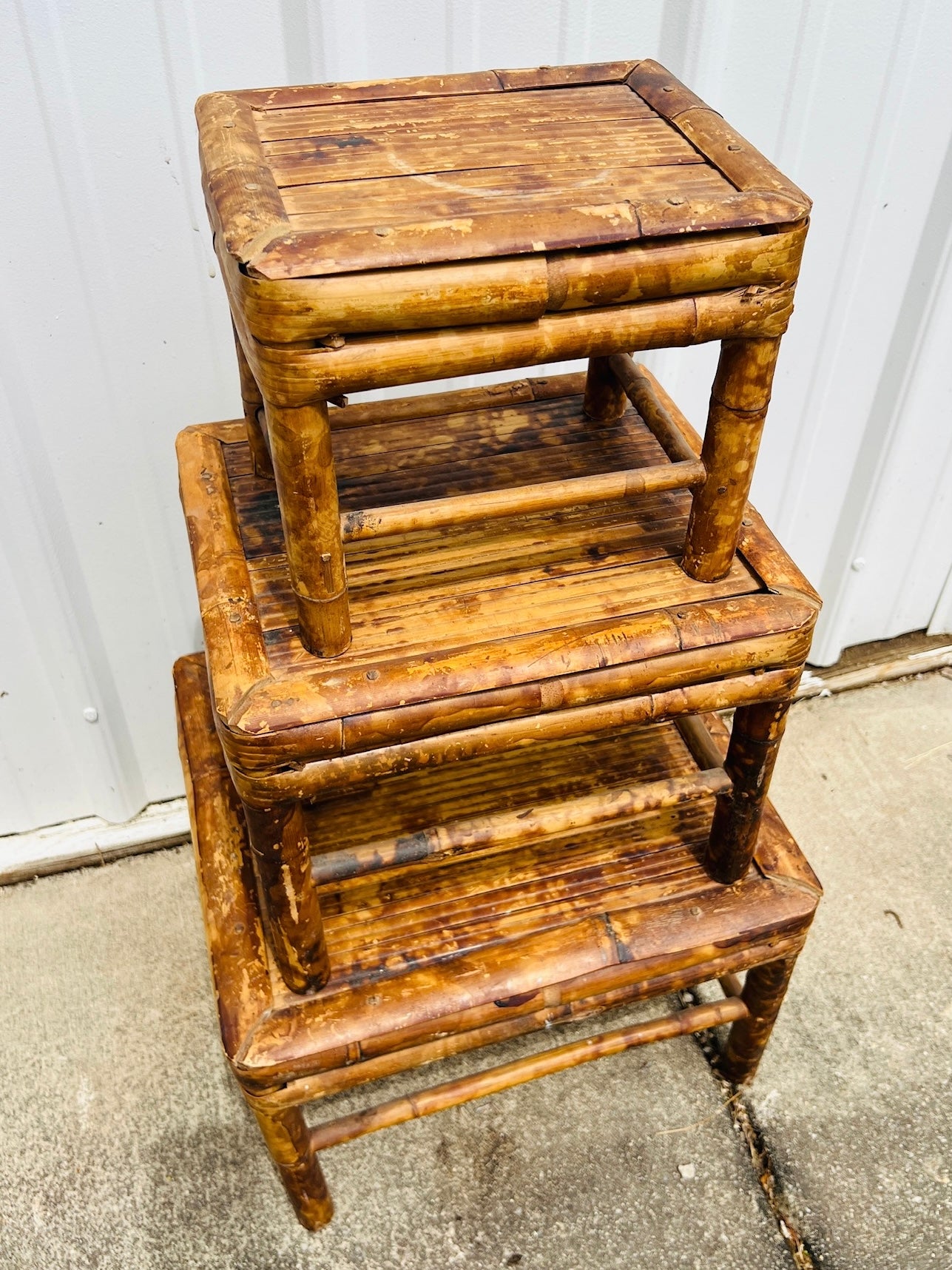 Vintage 1950s Tortoise Bamboo Planter Stools | Set of 3