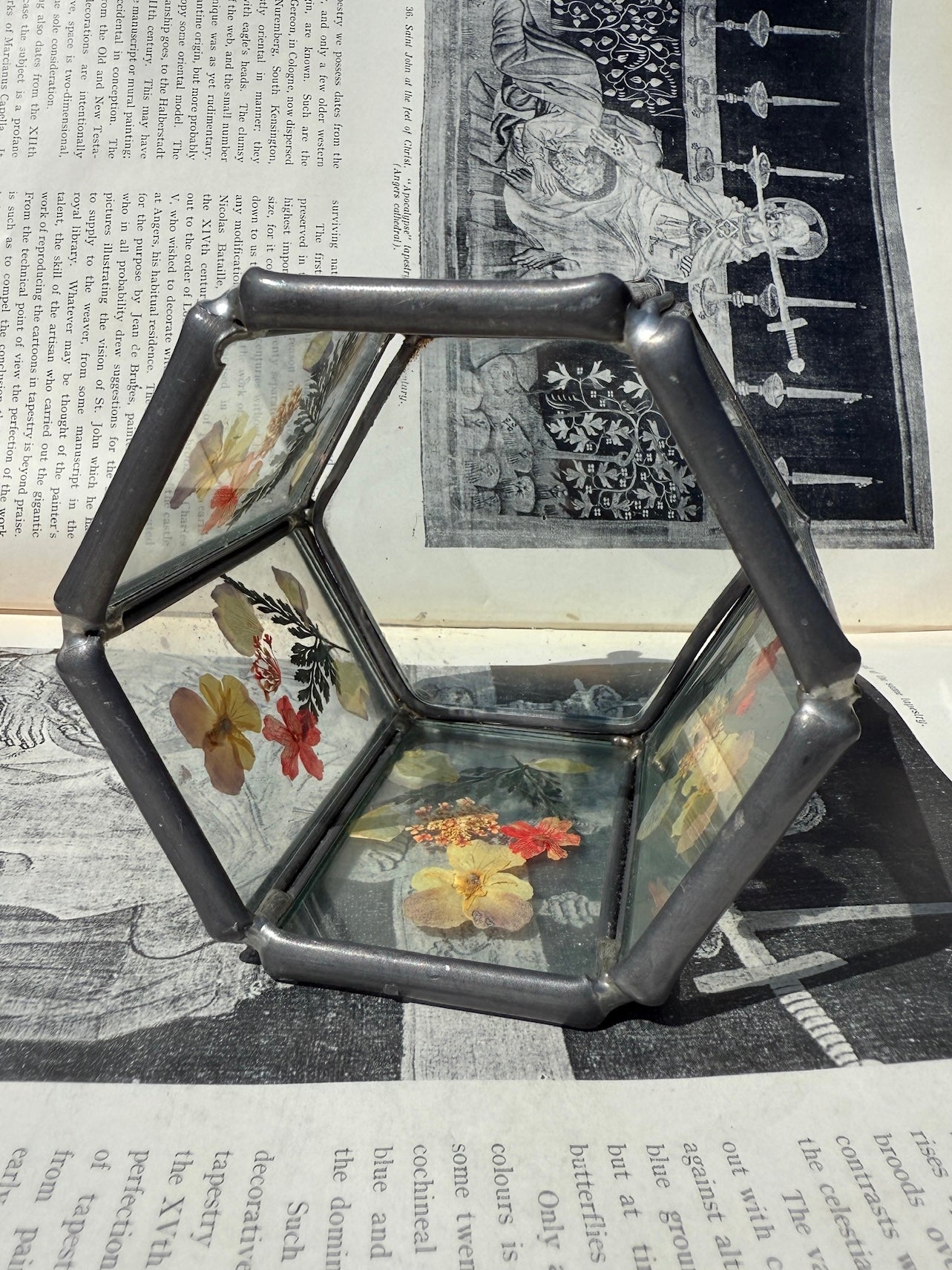 Vintage 1980s Metal & Glass Pressed Flower Tea Light Holder