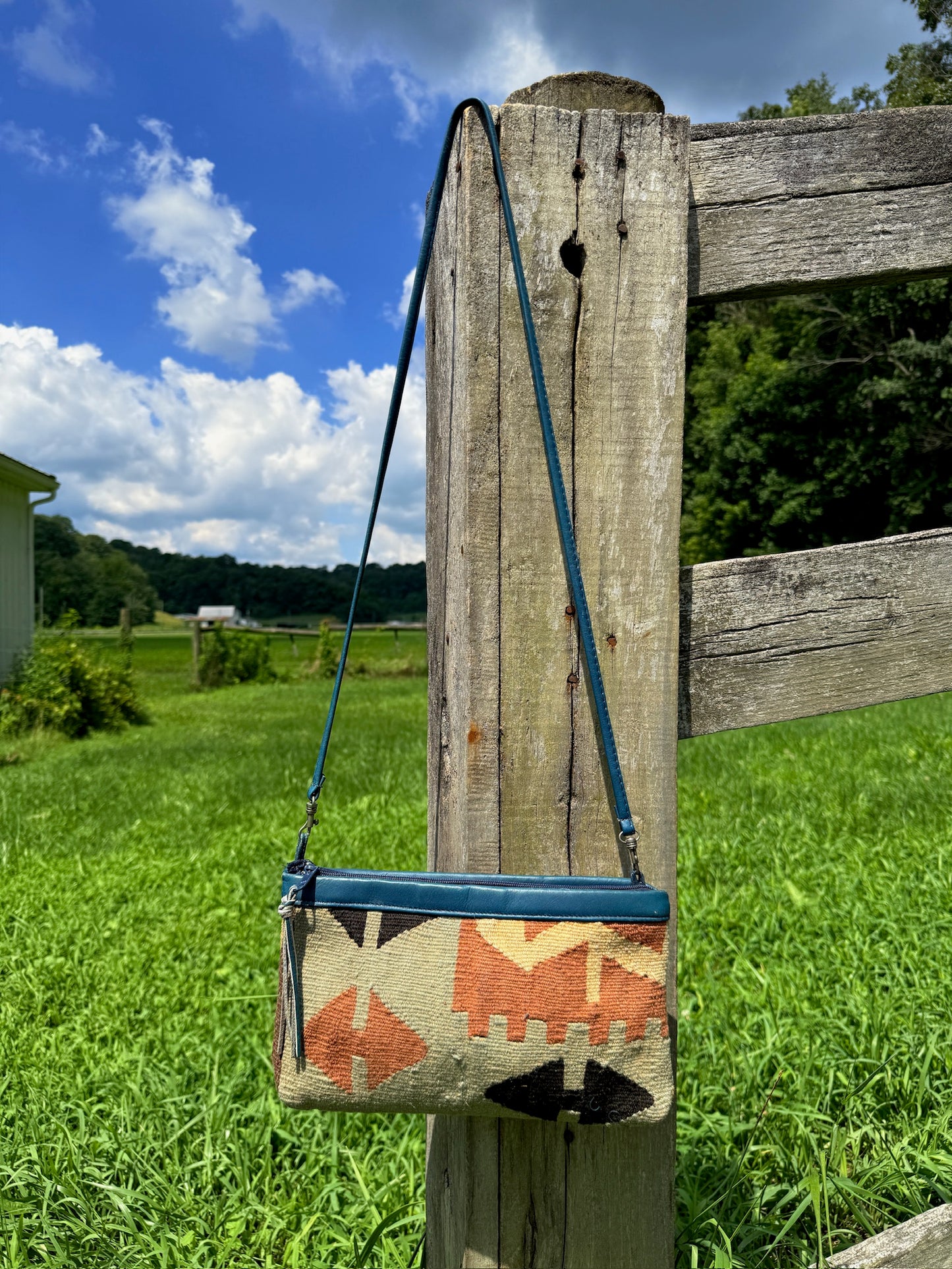 Vintage 1970s Turquoise Leather Tapestry Crossbody Bag