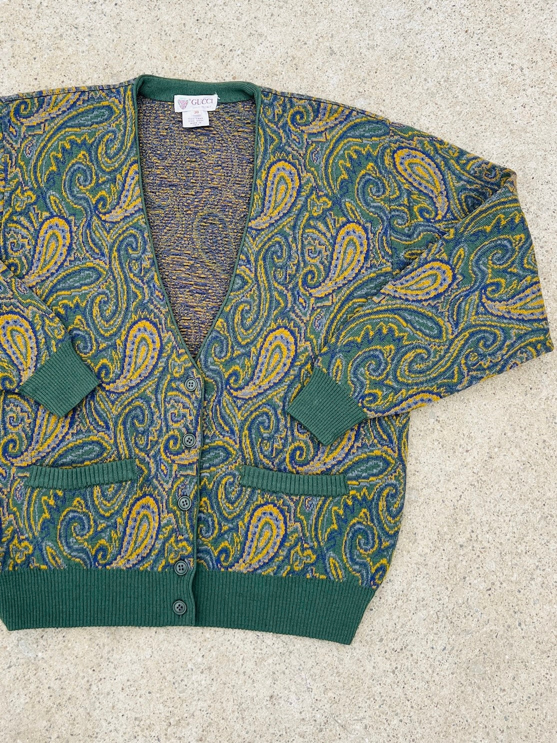 Vintage 1980s Gucci Green Paisley Wool Cardigan | Medium