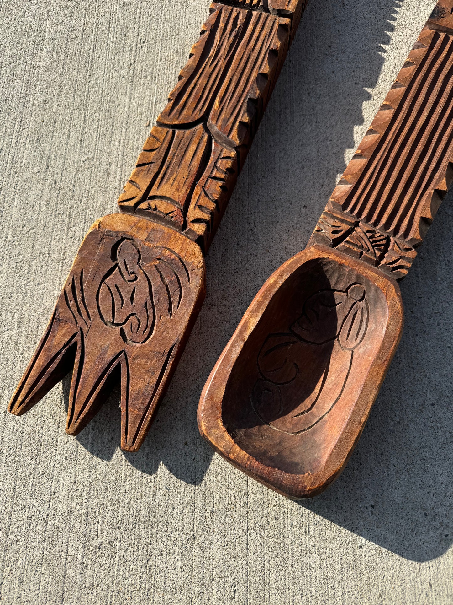 Vintage Wood Carved Fork & Spoon Decor