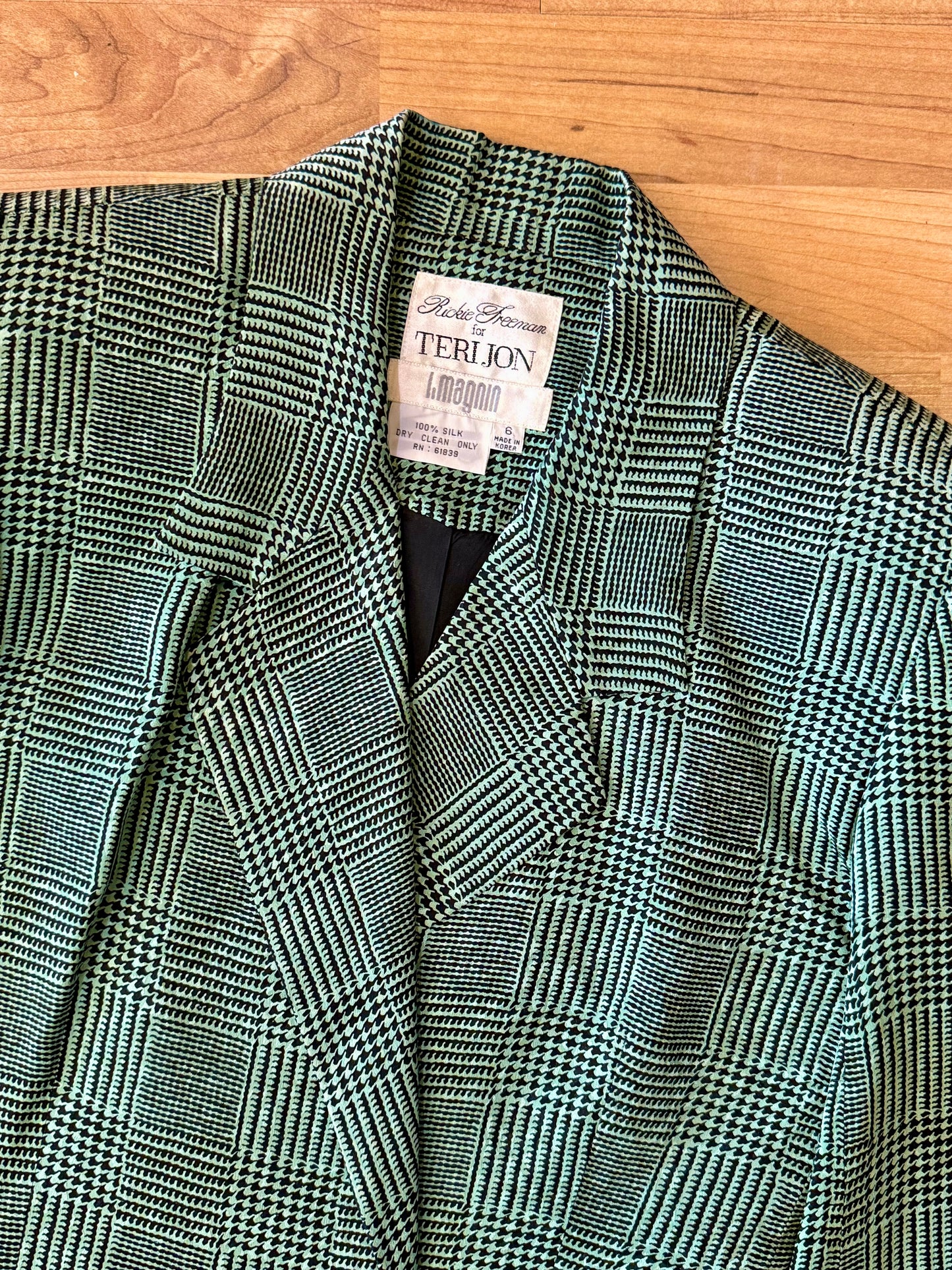 Vintage 1980s Teri Jon Mint Green Patterned Silk Blazer | Small