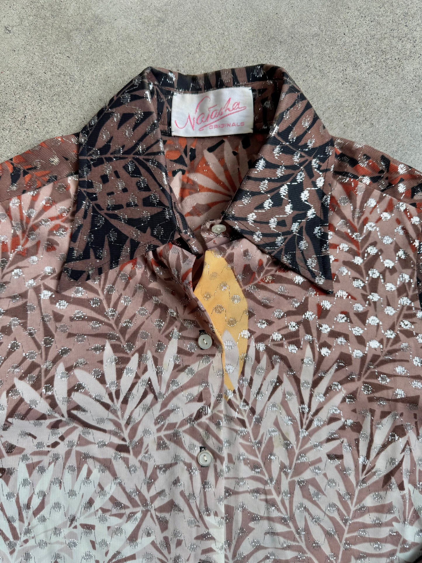 Vintage 1970s Natasha Originals Botanical Print Metallic Disco Shirt | Medium