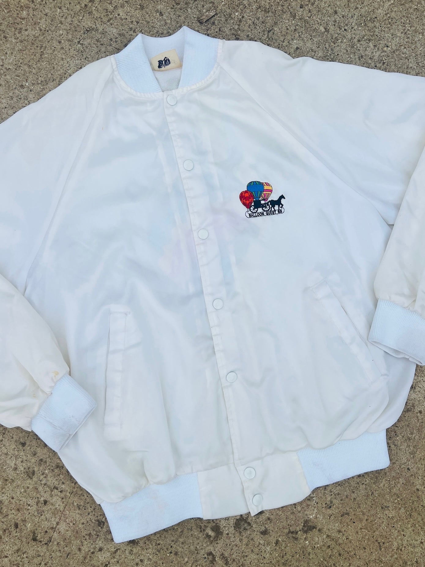 Vintage ‘89 Balloon Quest Halcyon Embroidered Satin Bomber Jacket | Large