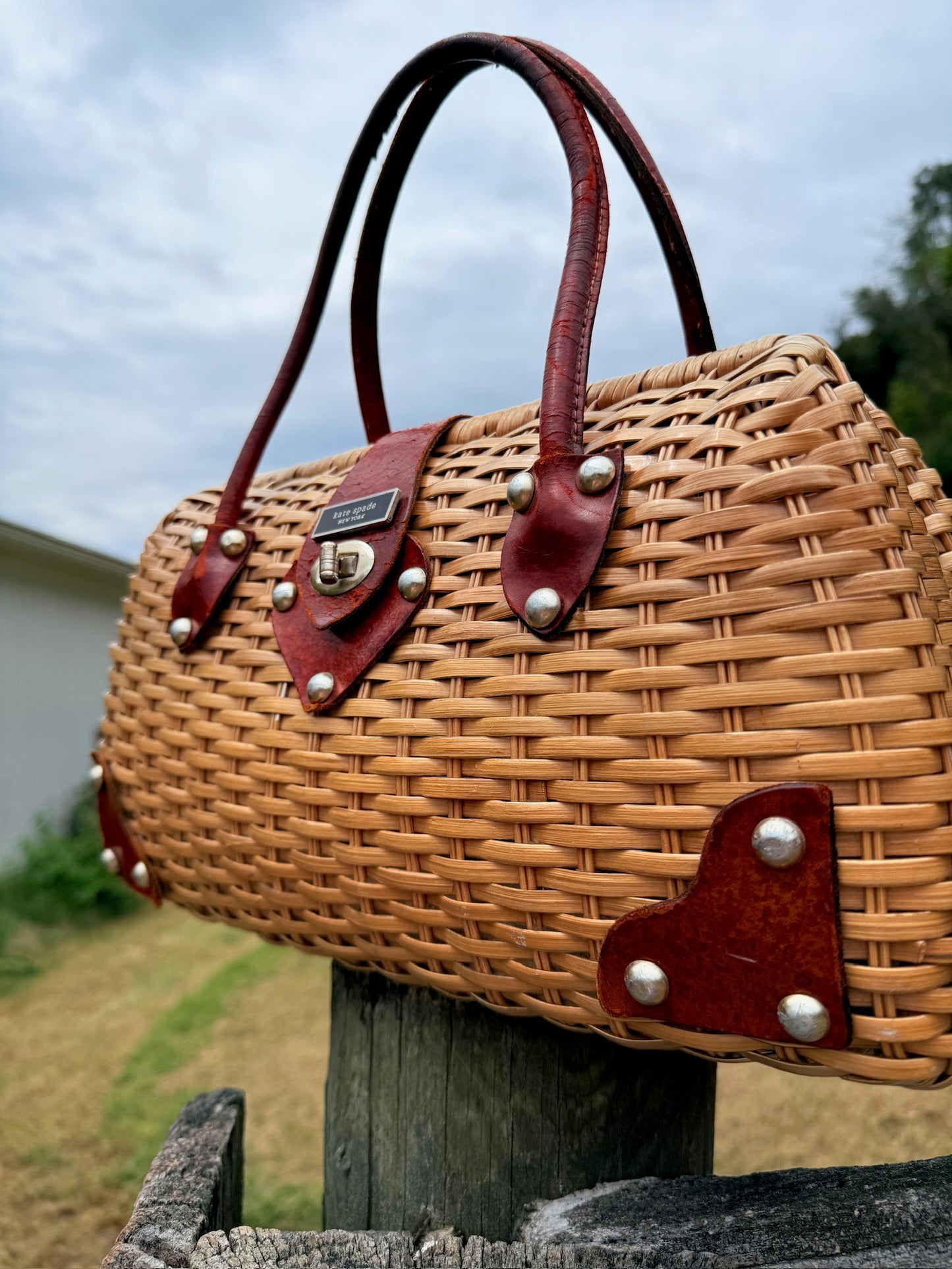 Vintage 1990s Kate Spade Woven Wicker & Leather Accent Top Handle Bag