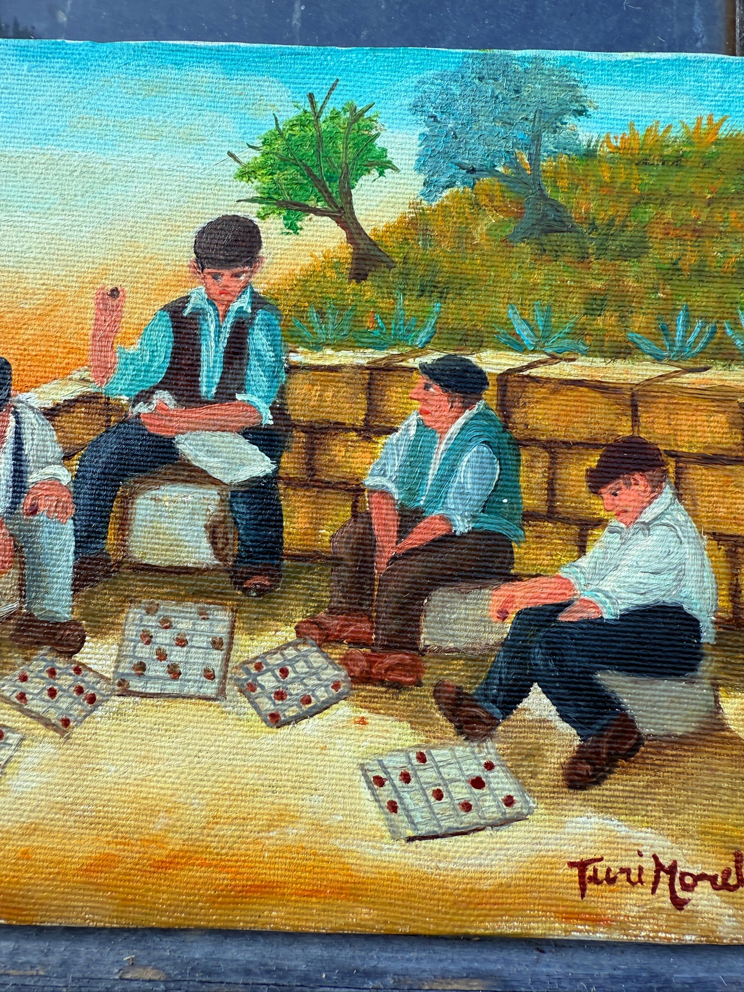 Vintage Signed Turi Morello Sicilian "Boys Playing Checkers" Oil on Canvas Painting