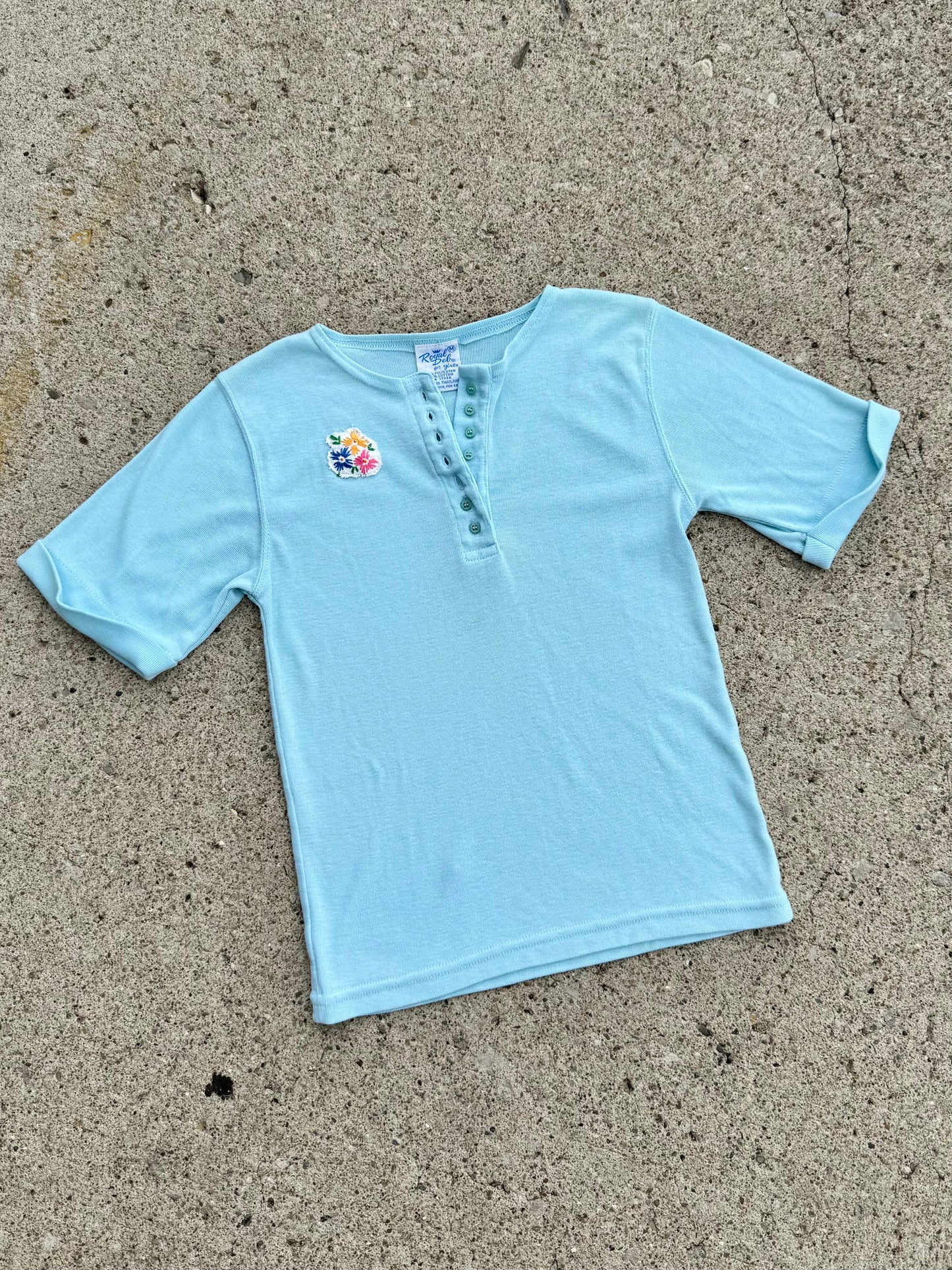 Vintage 1960s Royal Deb Baby Blue Floral Embroidered Henley Tee | Medium