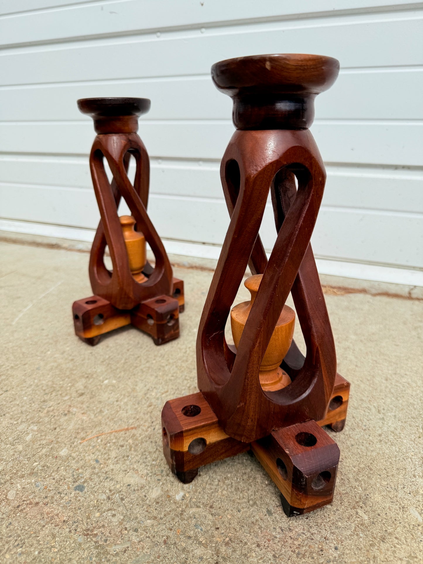 Vintage 1960s Hand-Carved Wood Spiral Candlestick Holders | Set of 2