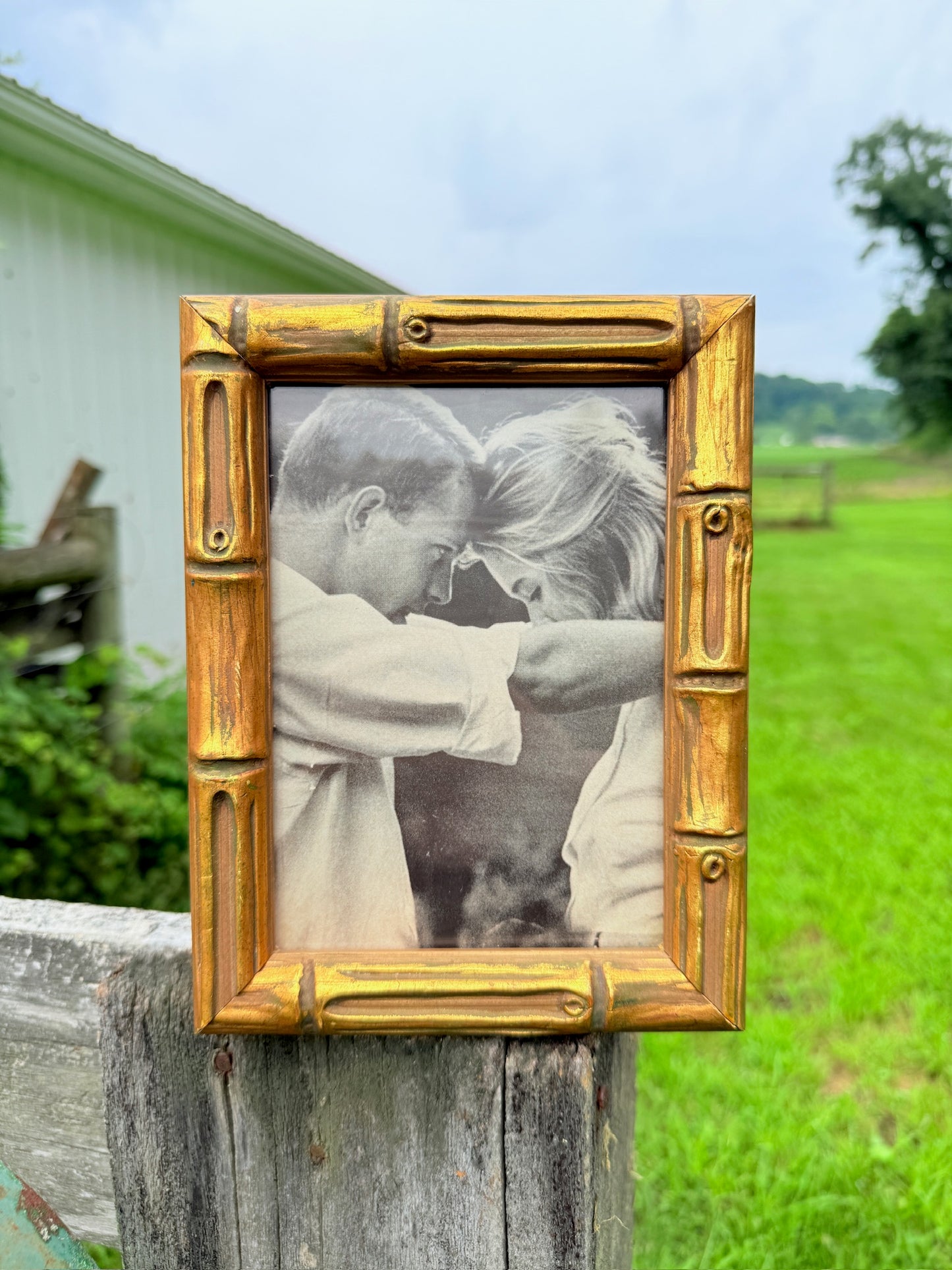 Vintage Gold Bamboo-Style Picture Frame w/ "Couples Embrace" Print
