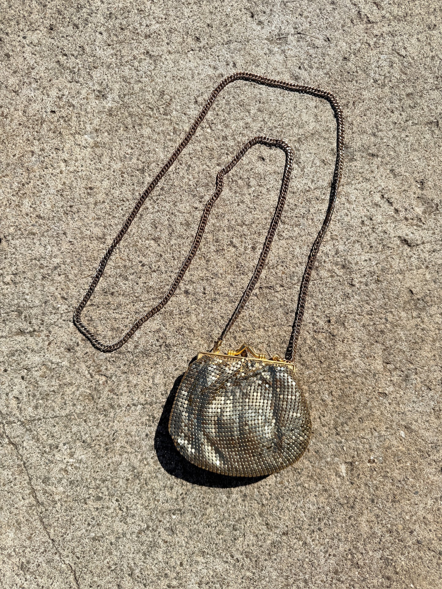 Vintage 1980s Whiting & Davis Gold Chainmail Crossbody Mini Evening Bag