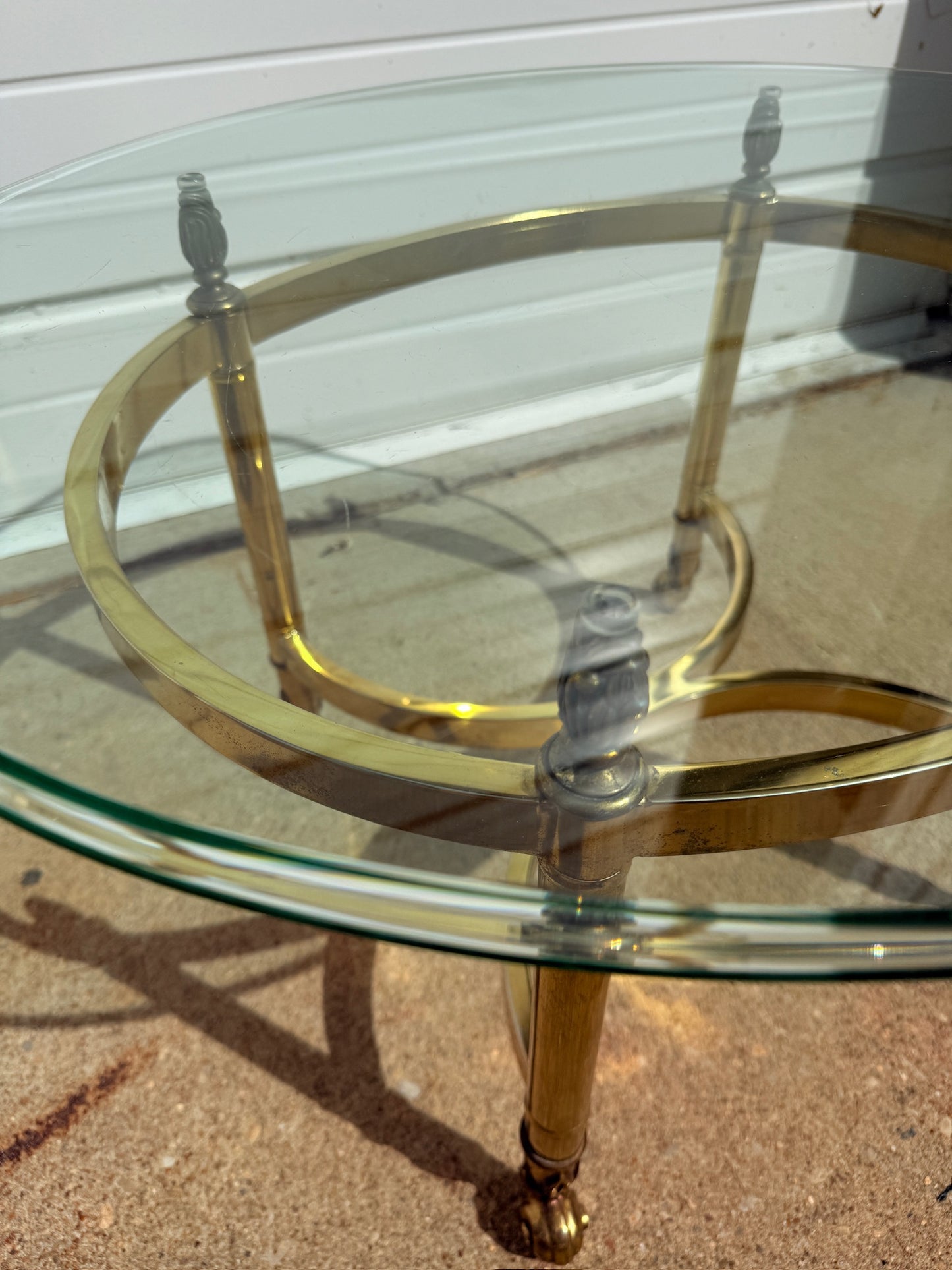 Vintage 1960s Hollywood Regency Solid Brass & Glass Top Oval Coffee Table