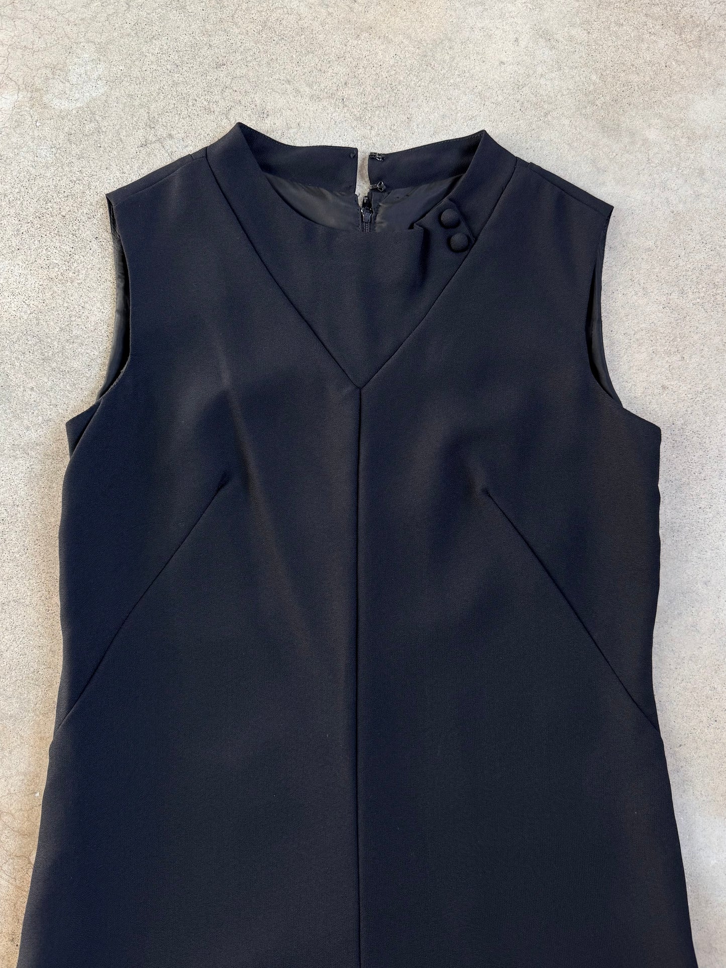 Vintage 1960s Sears Mod Black High-Neck Pleated Shift Dress | S/M