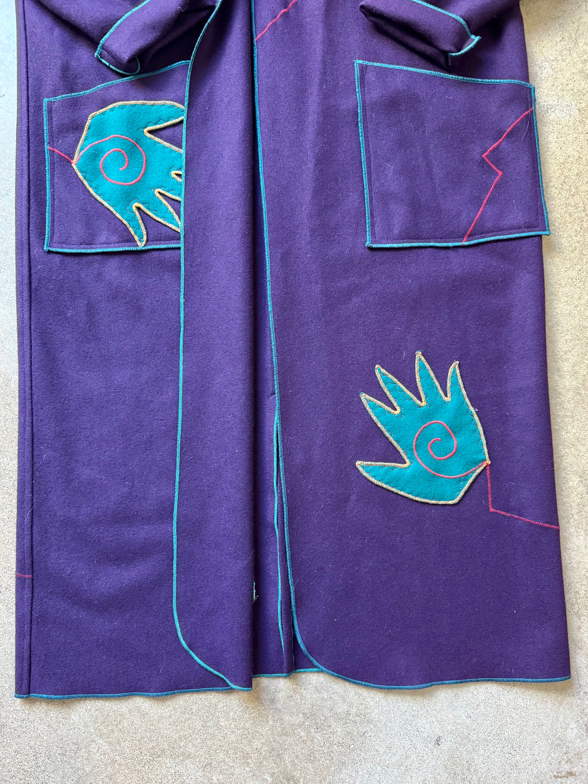 Vintage 1980s Gloria Walsh Purple Felted Wool Whimsical Hand Patch Embroidered Overcoat | L/XL