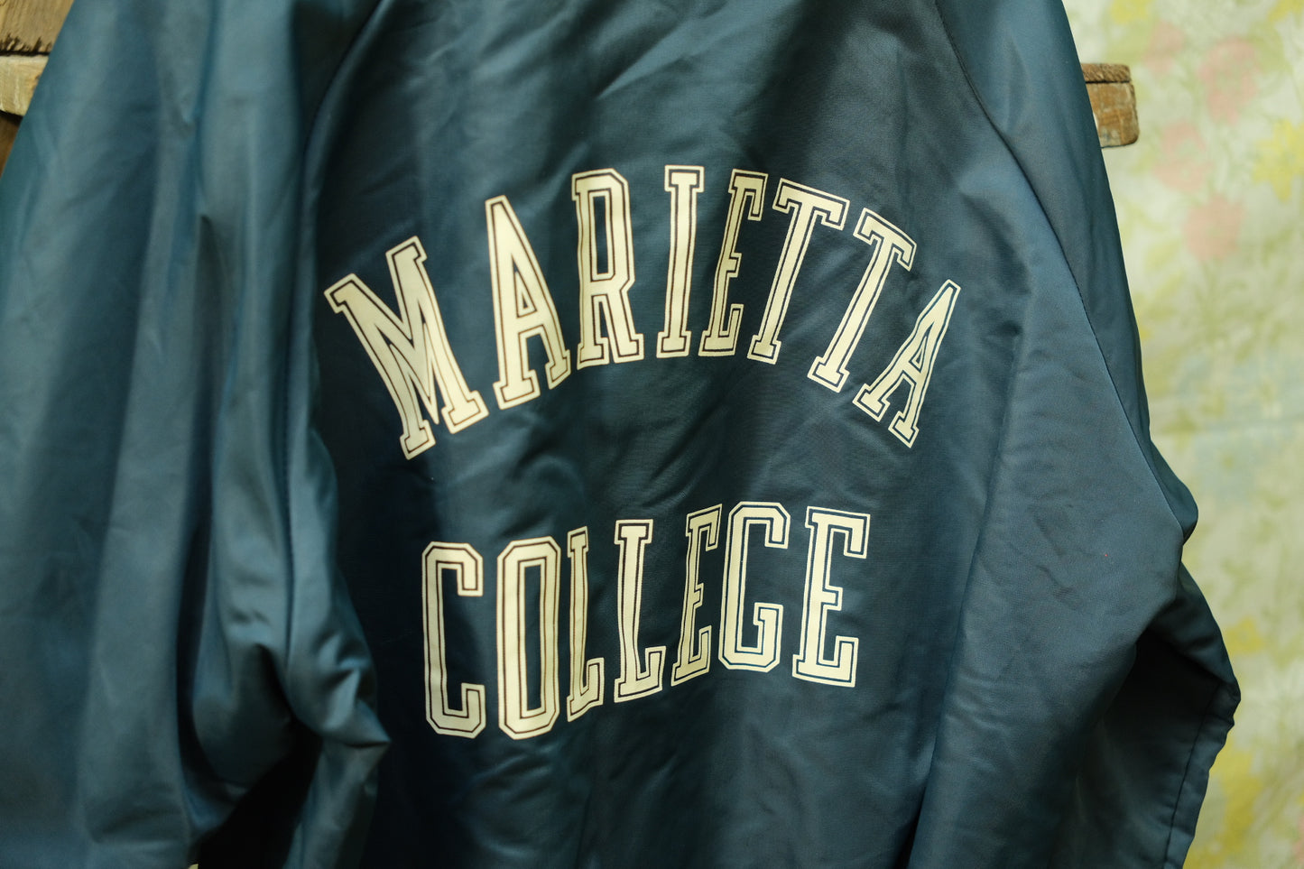 Vintage 1980s Marietta College Navy Varsity Bomber Jacket | Small