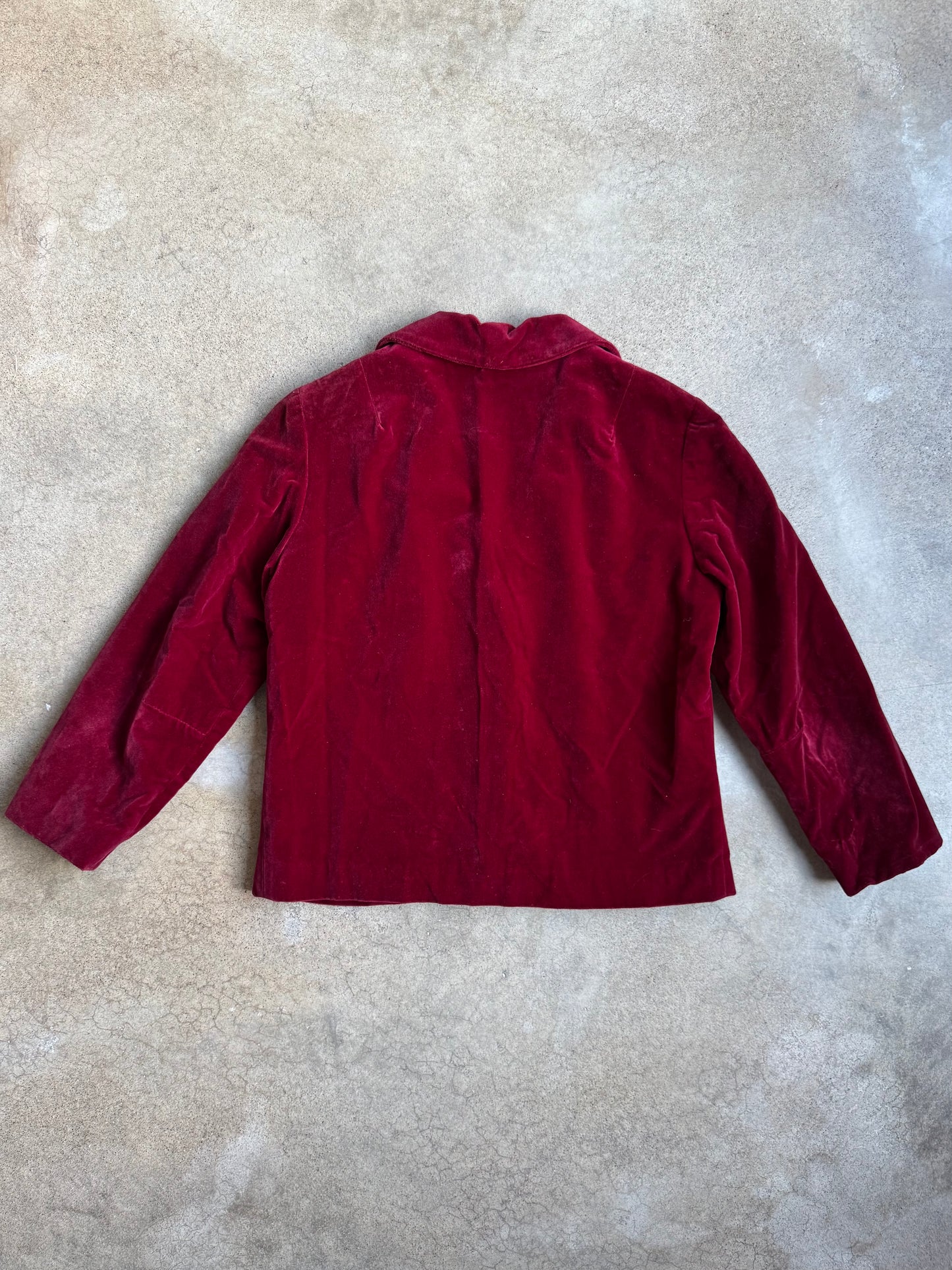 Vintage 1950s Majestic Red Velvet Rhinestone Button Blazer | Small