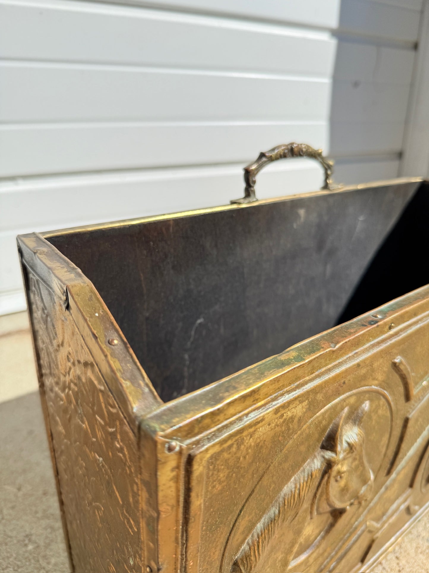 Vintage 1950s Brass & Wood Horse Magazine Holder