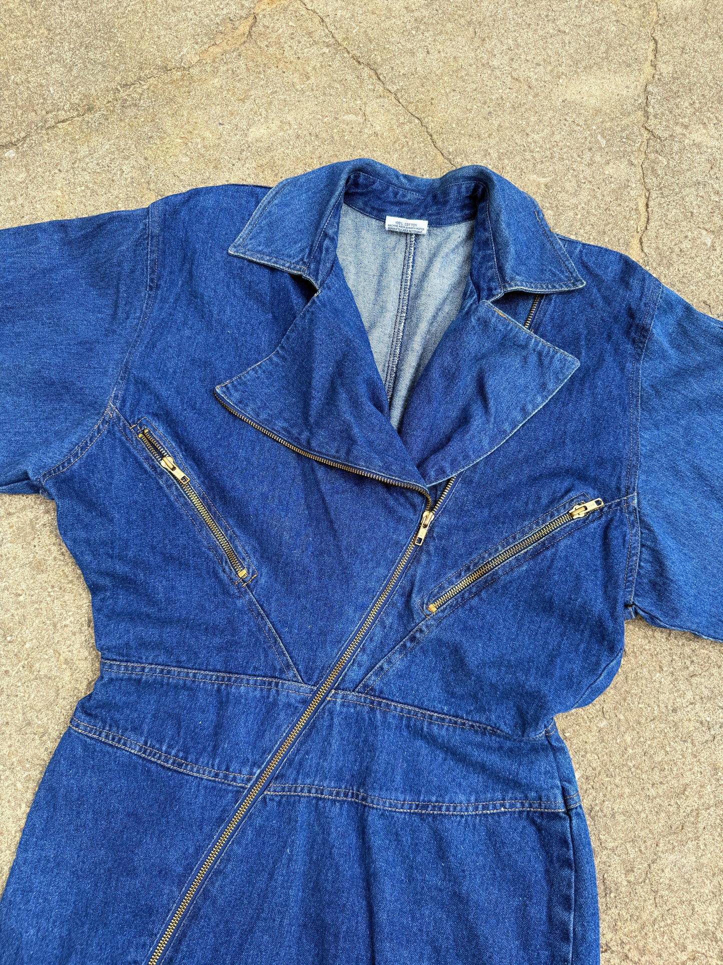 Vintage 1980s Joni Blair Zip-Front Batwing Sleeve Denim Dress | S/M