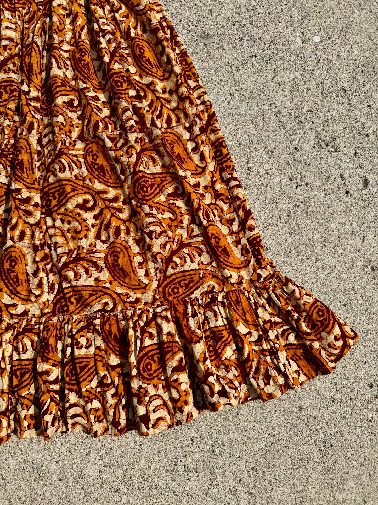 Vintage 1960s Knobkerry NY Bohemian Paisley Ruffled Maxi Skirt | Small