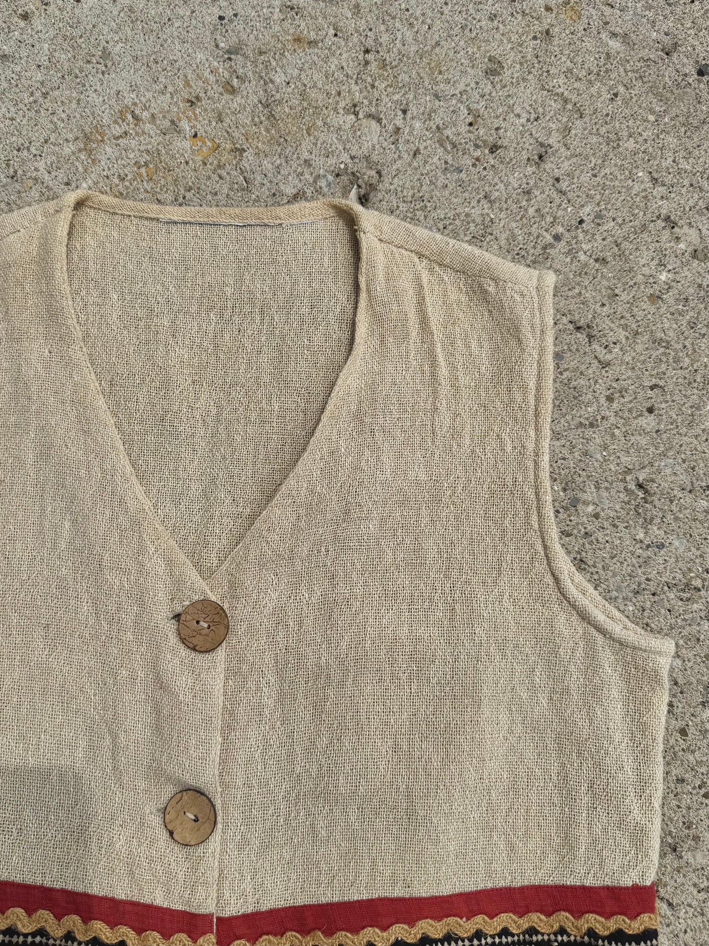 Vintage 1990s Woven Embroidered Trim Wood Button Vest | S/M
