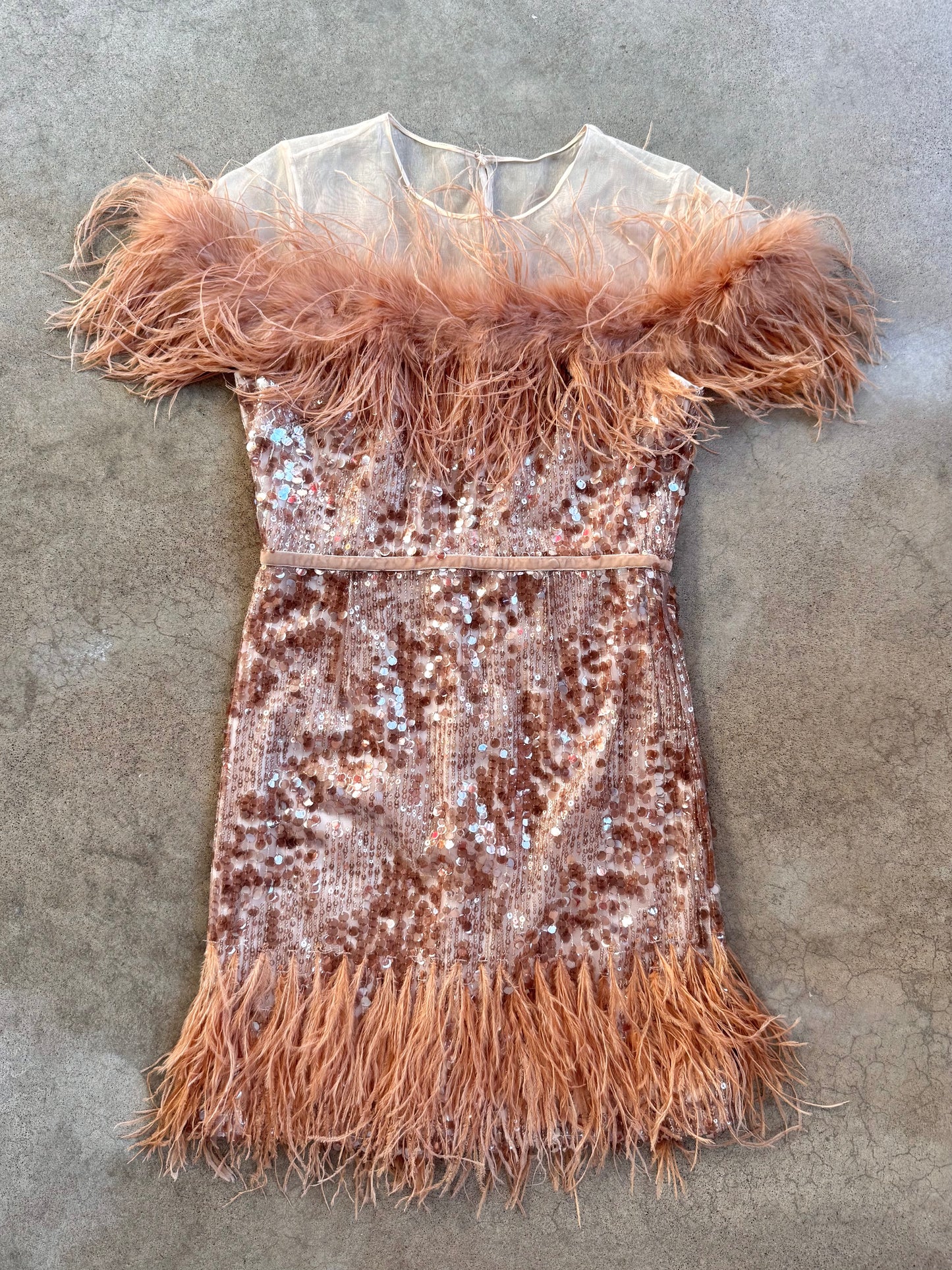Antonio Melani Rose Gold Sequined Feather Cocktail Dress | Small