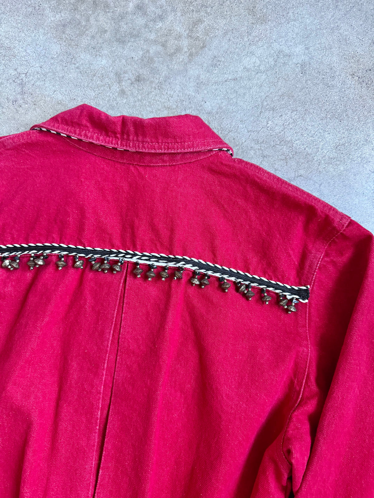 Vintage 1980s Caché Beaded Red Cropped Denim Jacket | Medium