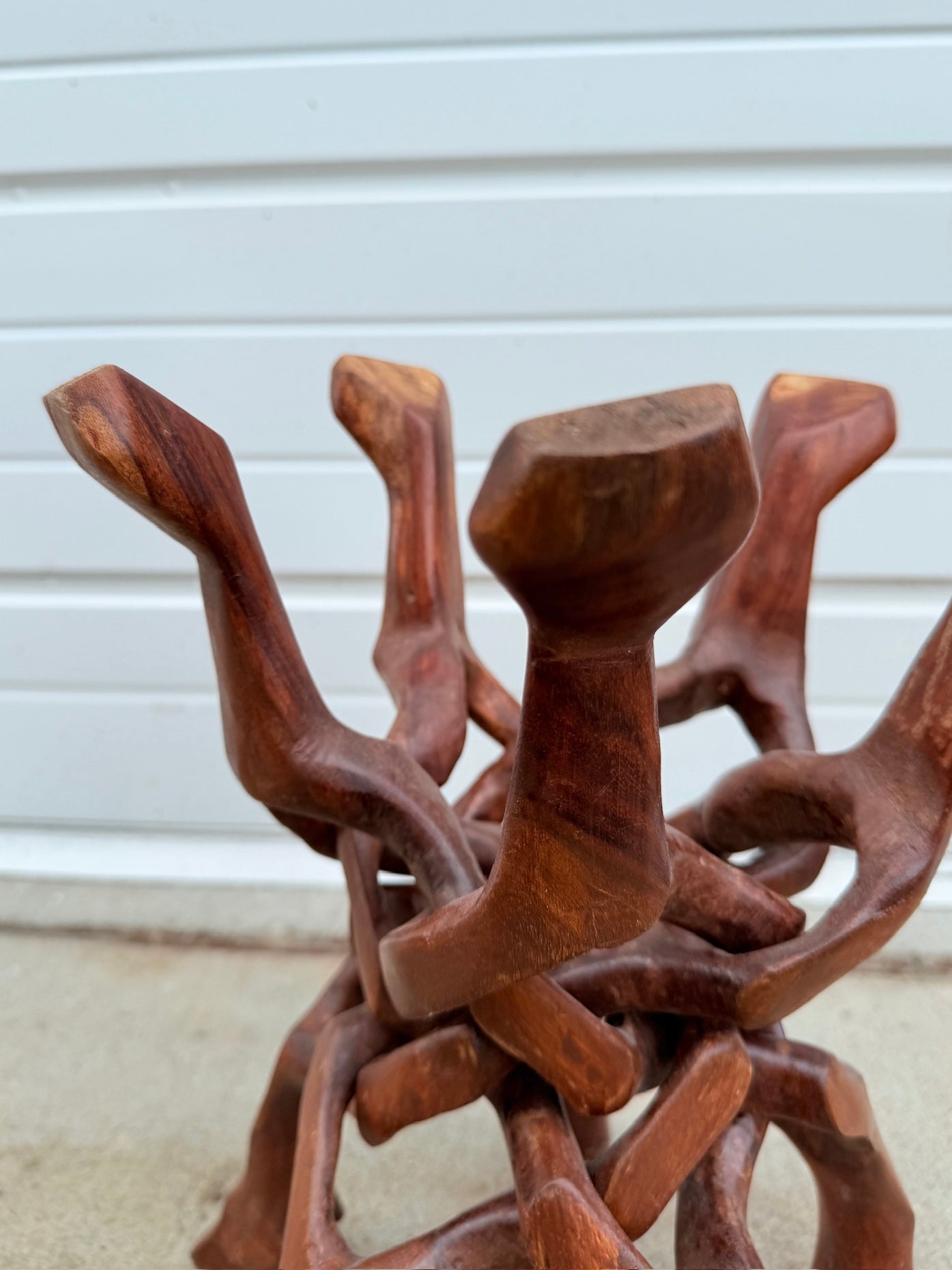 Vintage 1950s Hand-Carved Wood Interlocking 5-Leg Plant Stand