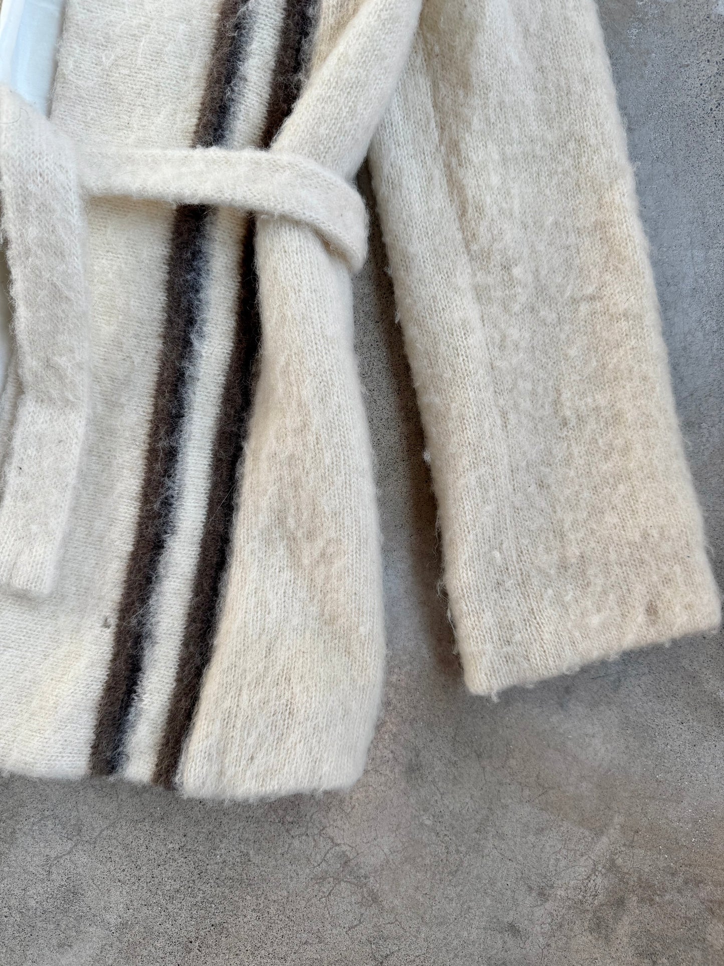 Vintage 1970s Vaka Icelandic 100% Wool Neutral Stripe Tie-Waist Sweater Jacket | XS