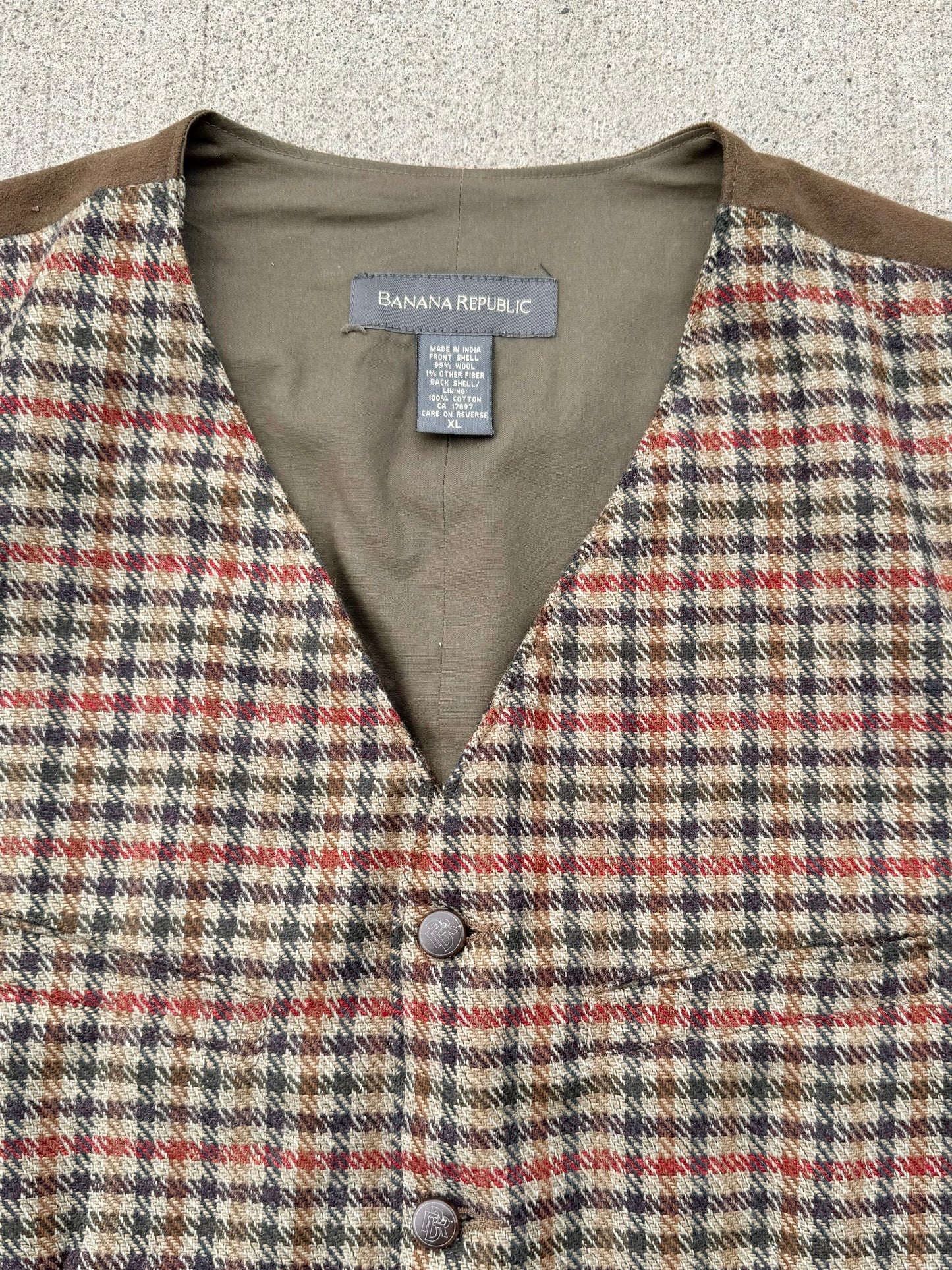 Vintage 1990s Banana Republic Brown Plaid Wool Vest | XL