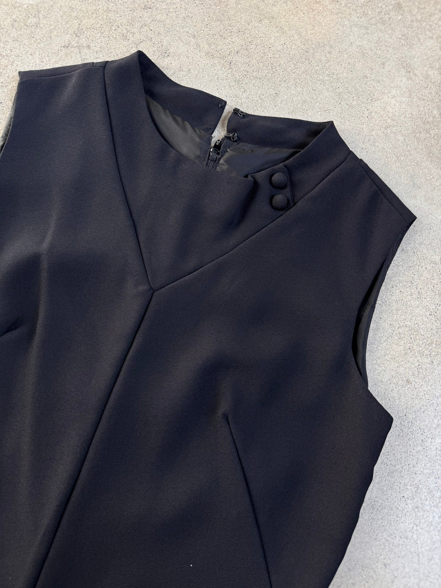 Vintage 1960s Sears Mod Black High-Neck Pleated Shift Dress | S/M