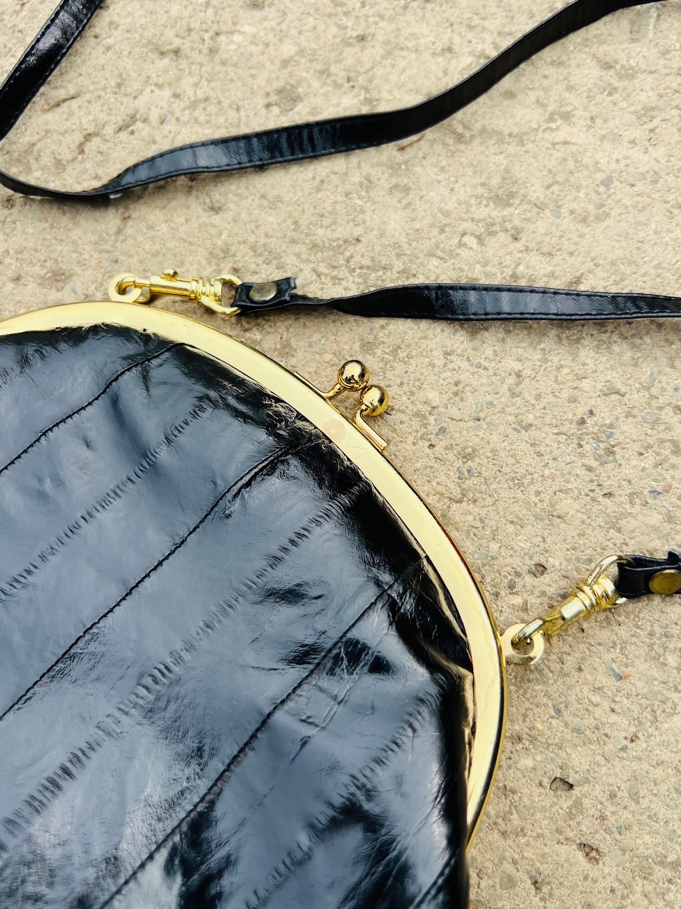 Vintage 1960s Black Eel Skin Crossbody Purse / Clutch