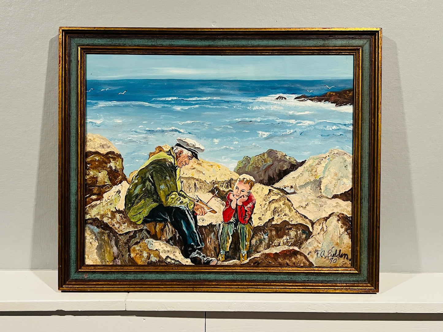 Vintage Framed Sailor & Boy Seascape Oil Painting | Signed