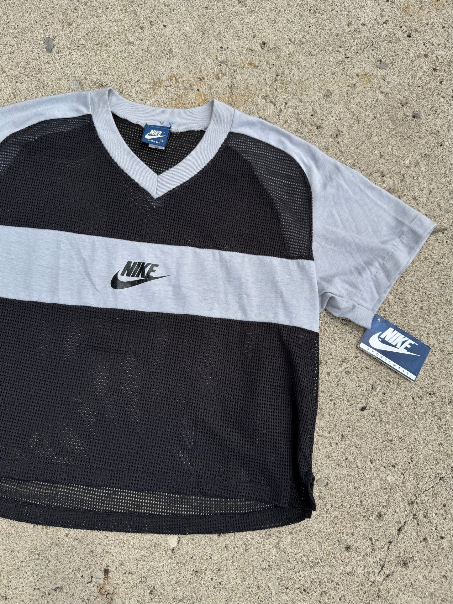 Vintage 1990s Deadstock Nike Grey & Black Mesh Cropped Tee | XL