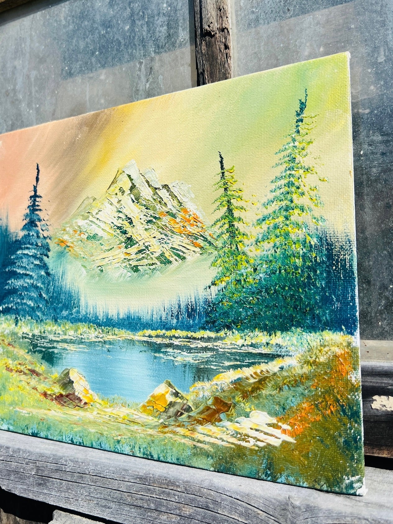 Vintage 1970s Mountain Landscape Oil Painting