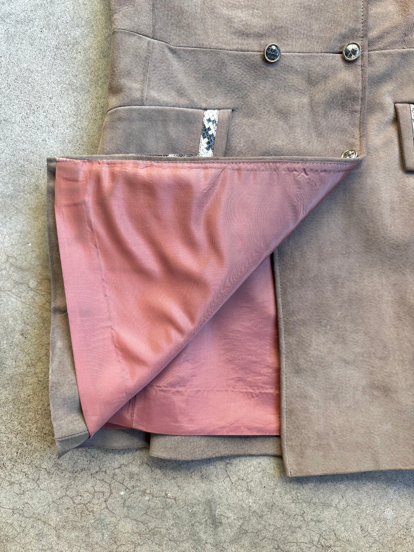 Vintage 1960s Suede Button-Front Mini Dress w/ Faux Snakeskin Trim | S/M