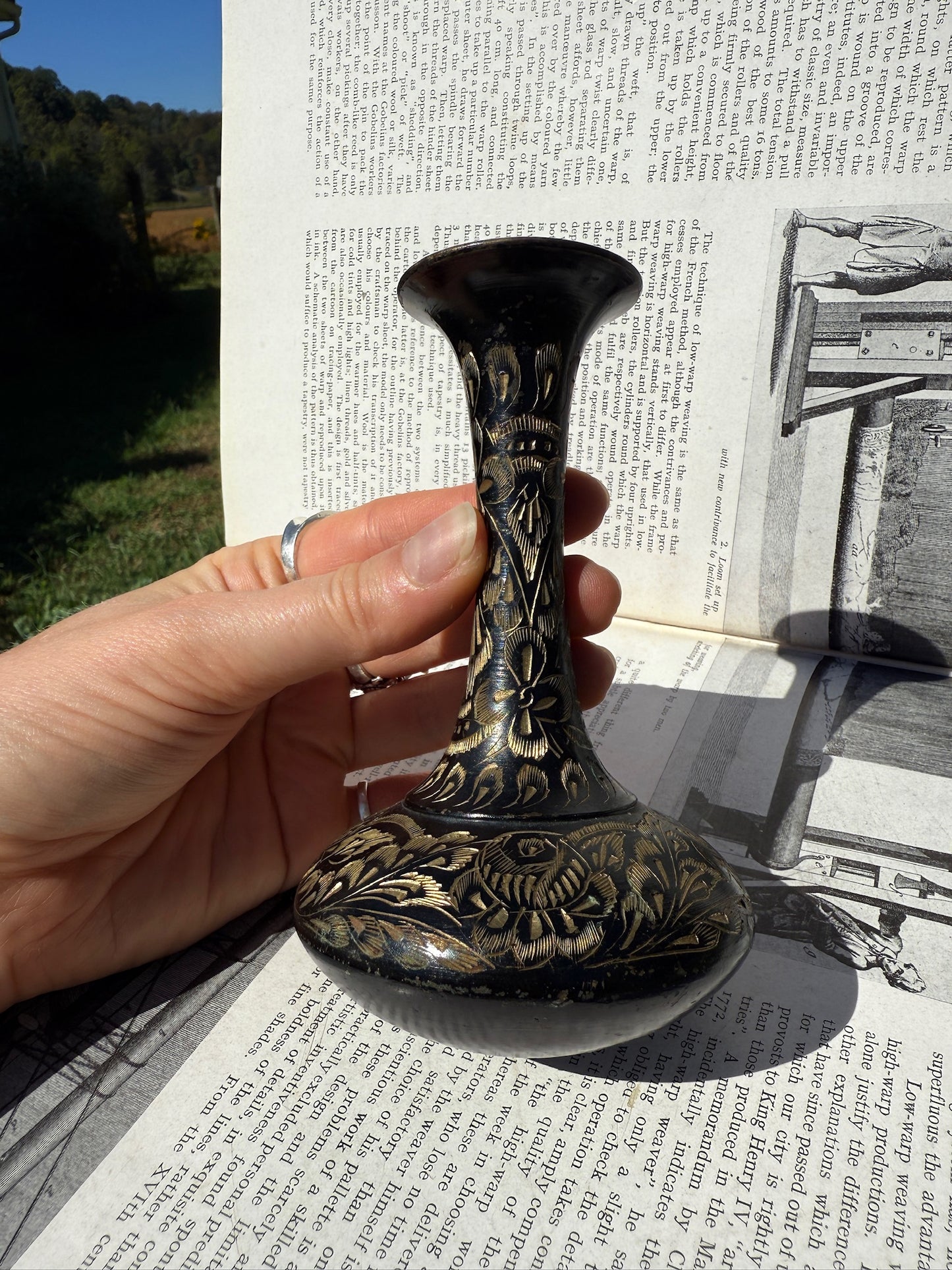 Vintage 1940s Solid Brass Etched Bud Vases | Set of 2