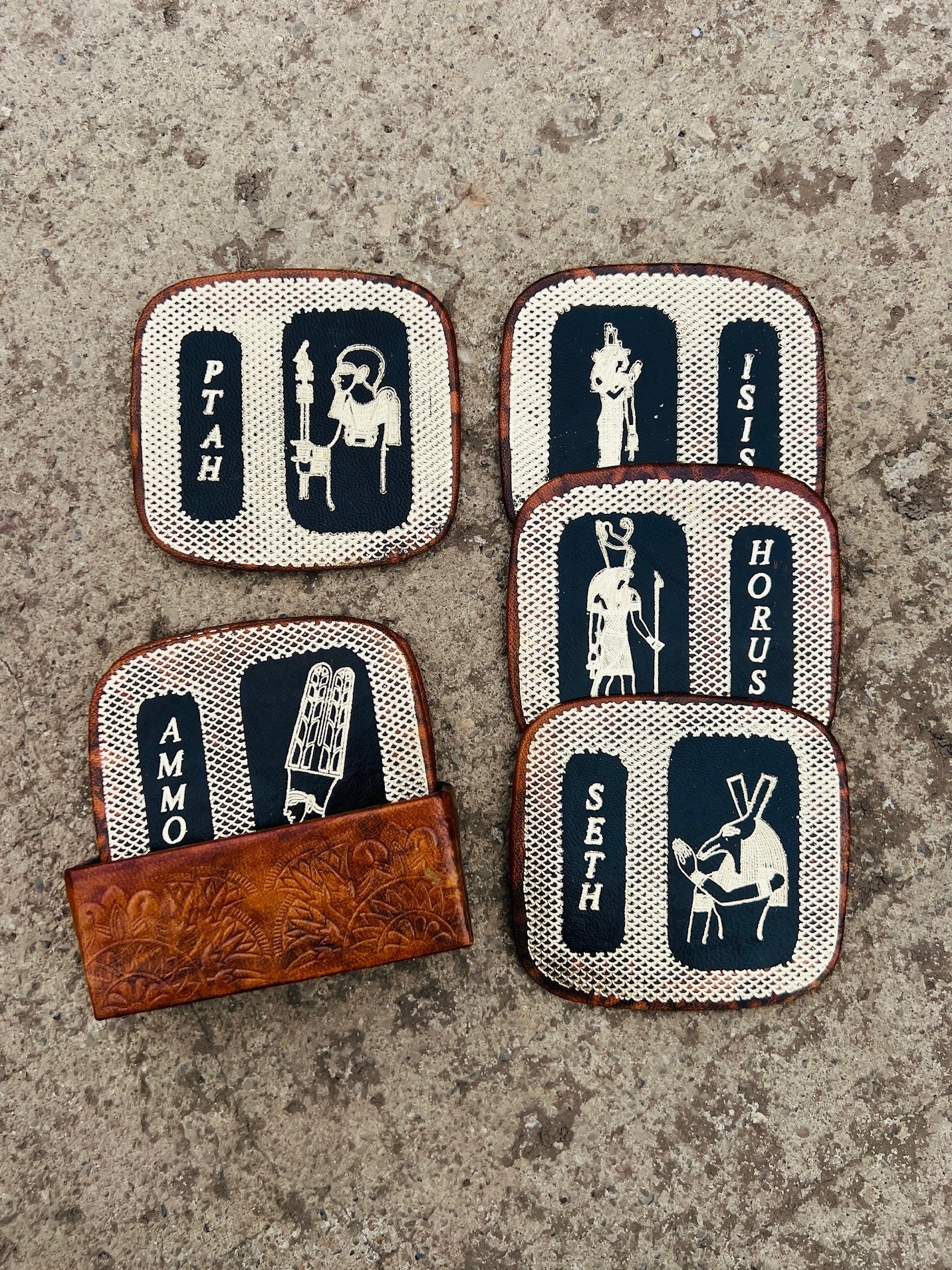 Vintage 1980s Egyptian God Leather Coaster Set
