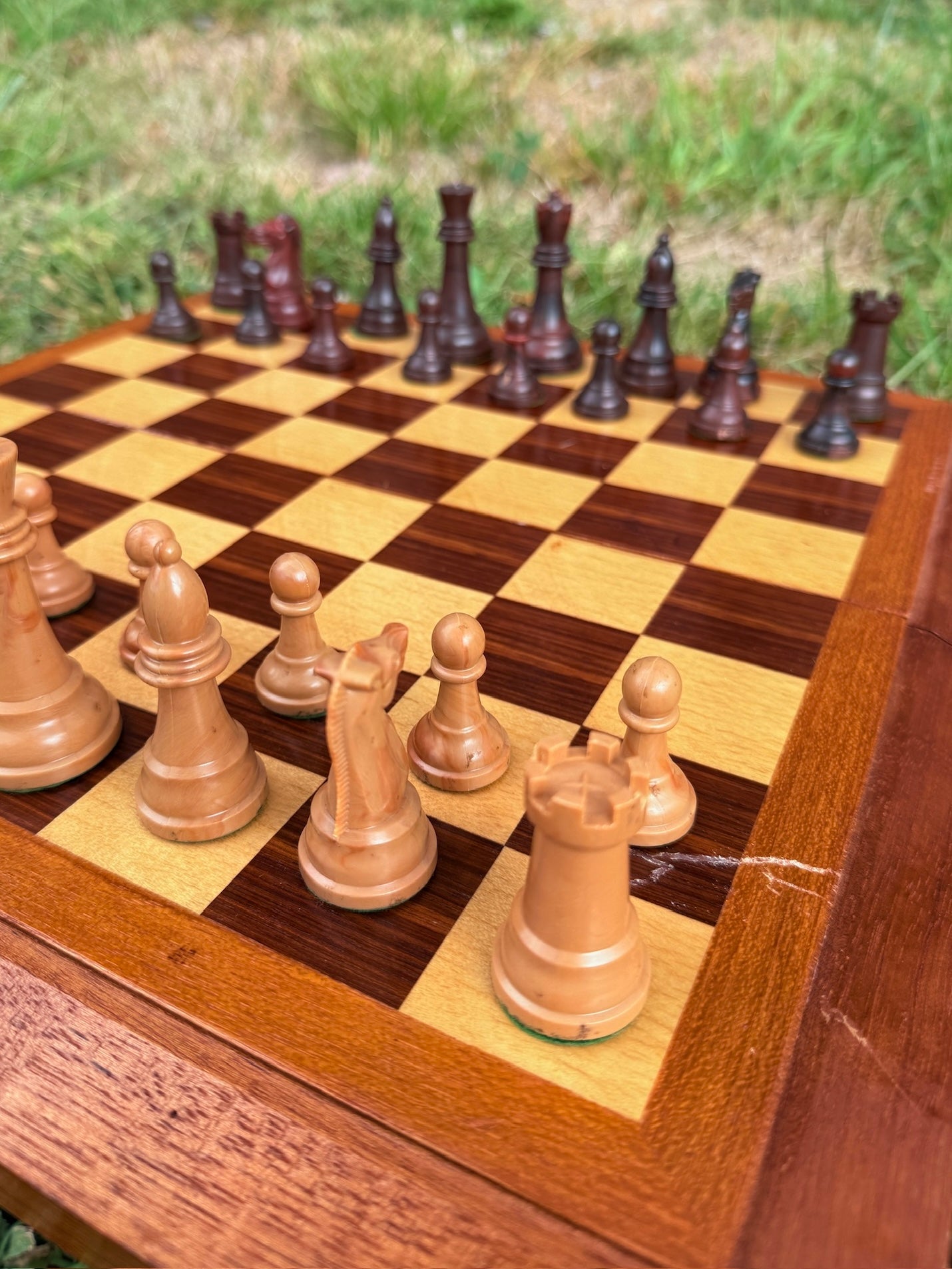 Vintage 1960s Wood Folding Chess Board w/ Chess Pieces