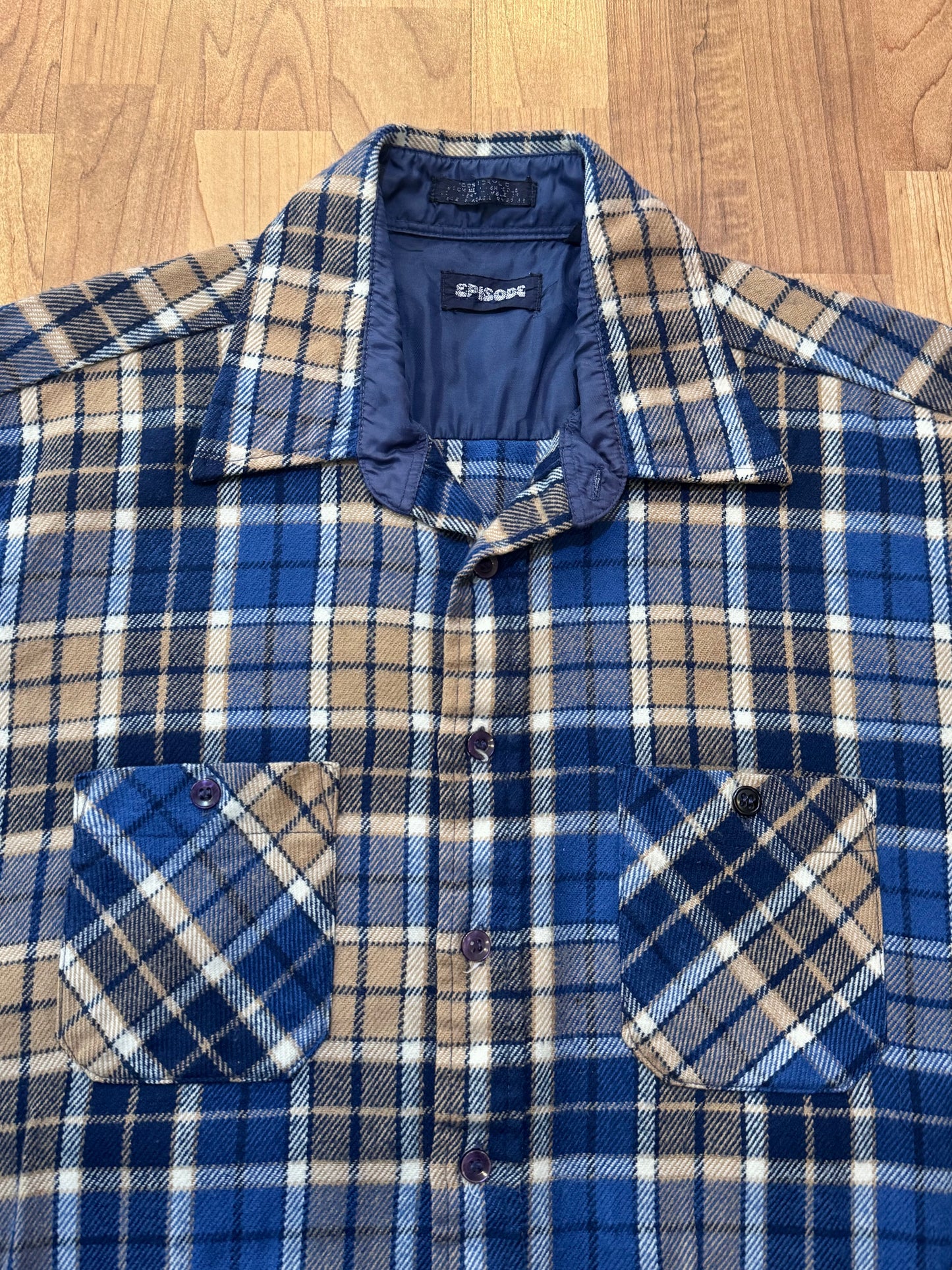 Vintage 1980s Episode Blue & Tan Plaid Flannel Shirt | XL