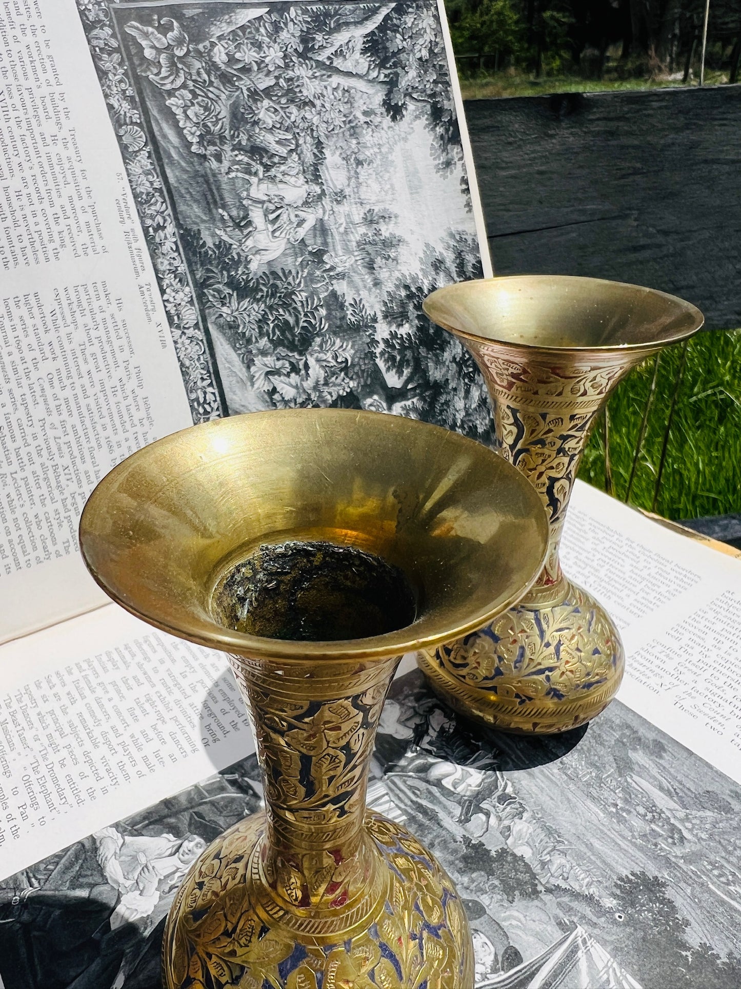 Vintage 1950s Solid Brass Floral Etched Bud Vases | Set of 2
