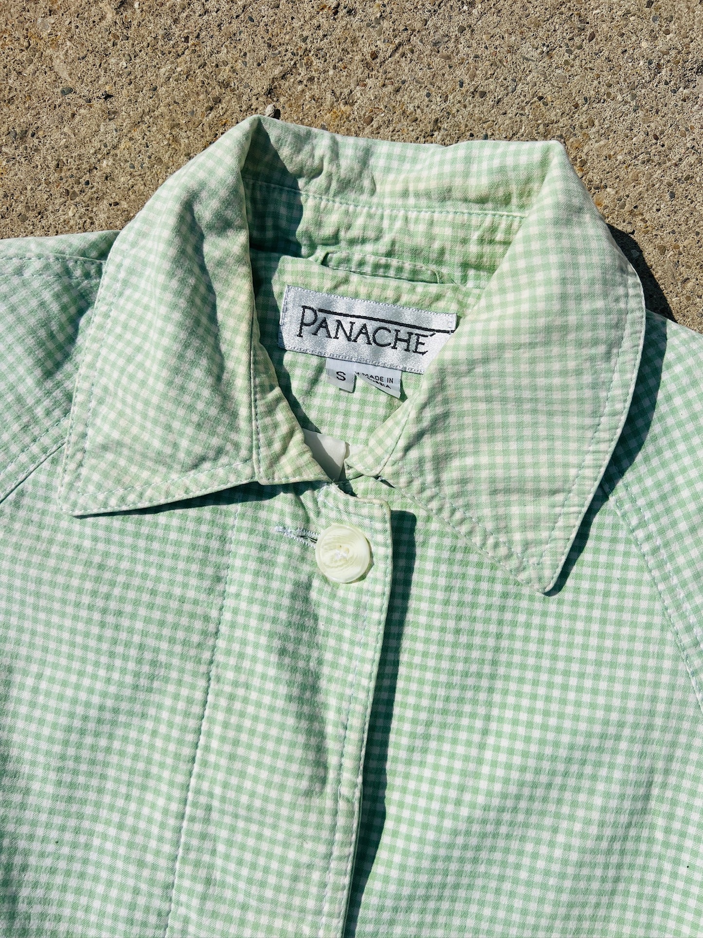Vintage 1980s Panache Green Gingham Cotton Trench Coat | Small