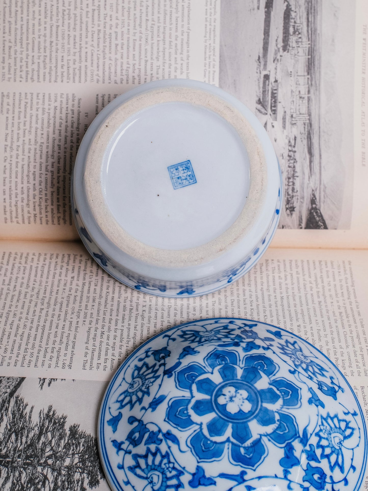 Vintage Chinese Chinoiserie Blue & White “Lily Pattern” Porcelain Lidded Dish