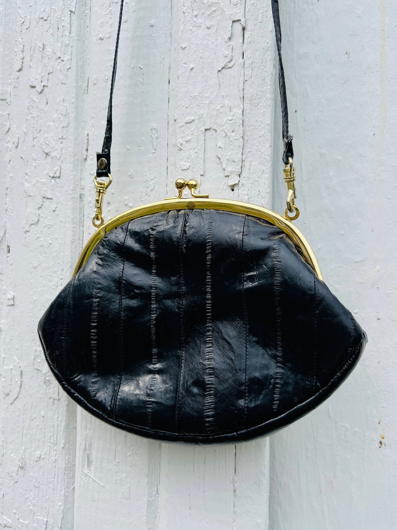 Vintage 1960s Black Eel Skin Crossbody Purse / Clutch