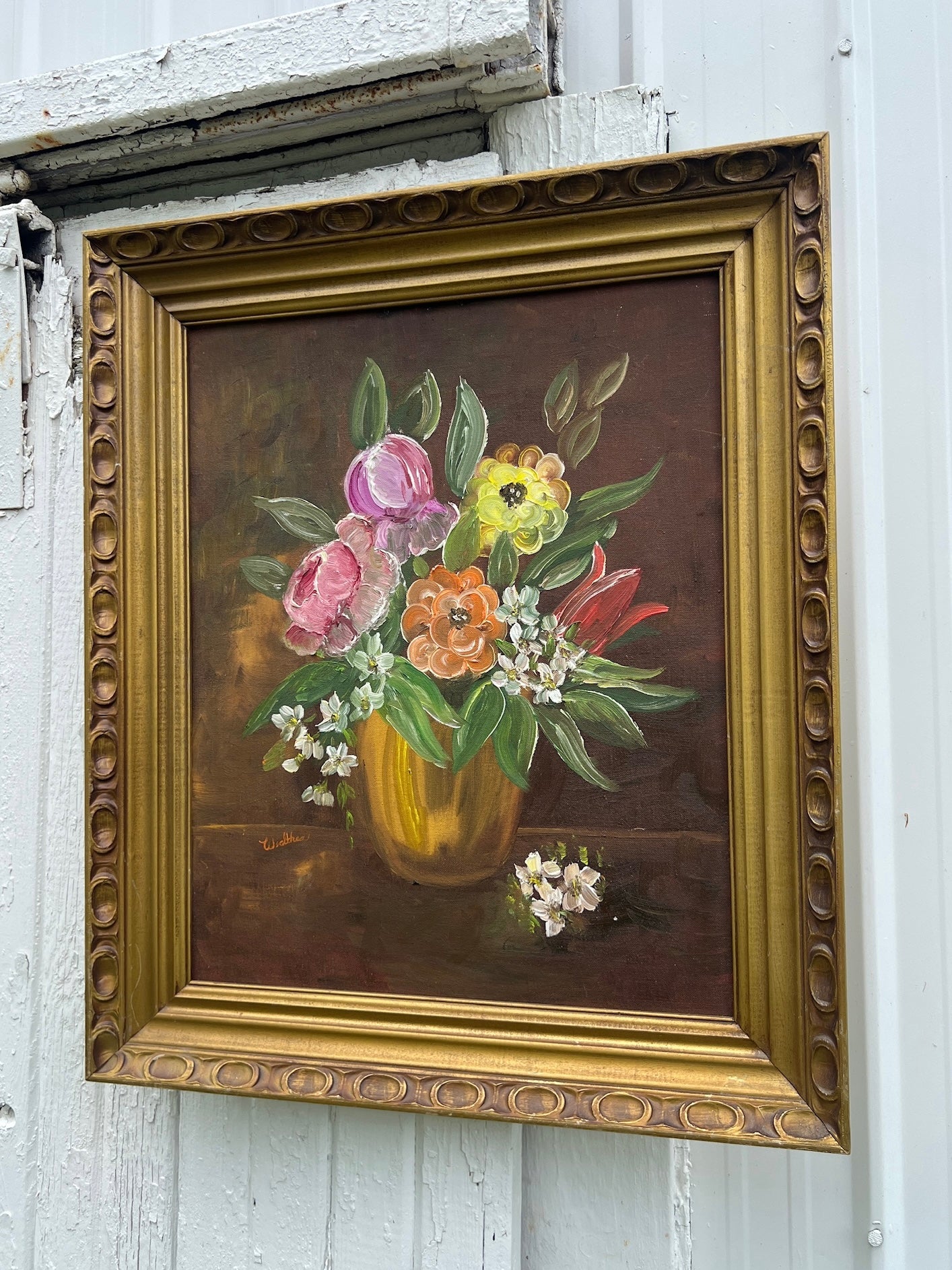 Vintage 1950s Gold Framed Floral Oil Painting |Signed